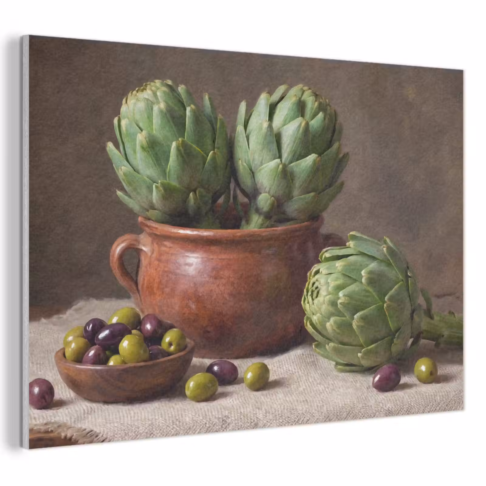 Akoestisch schilderij - Artisjokken - Olijven - Eten - Artisjokken - Olijven - Eten PET vilt klein