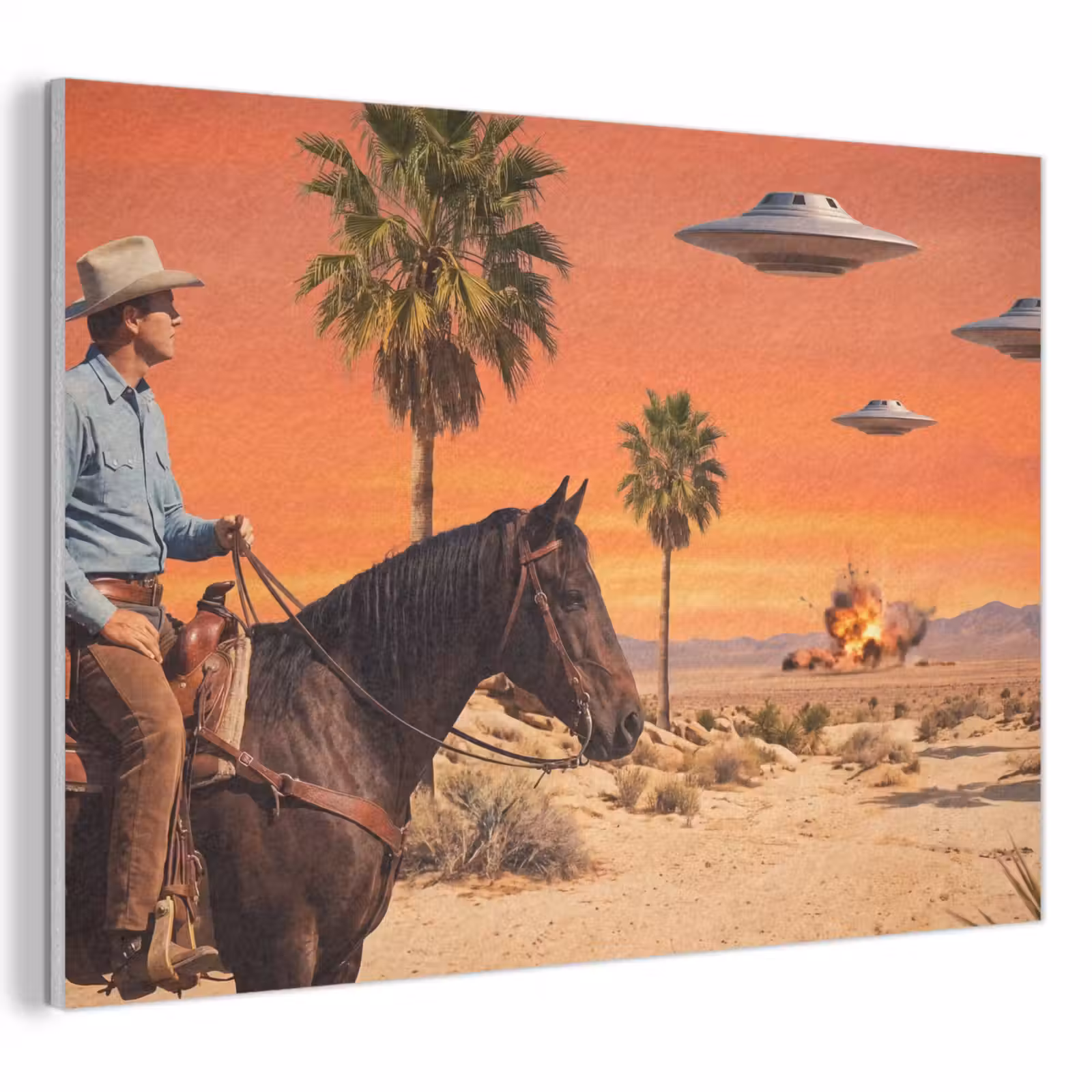 Akoestisch schilderij - Cowboy - Paard - Woestijn - Cowboy - Paard - Woestijn PET vilt klein