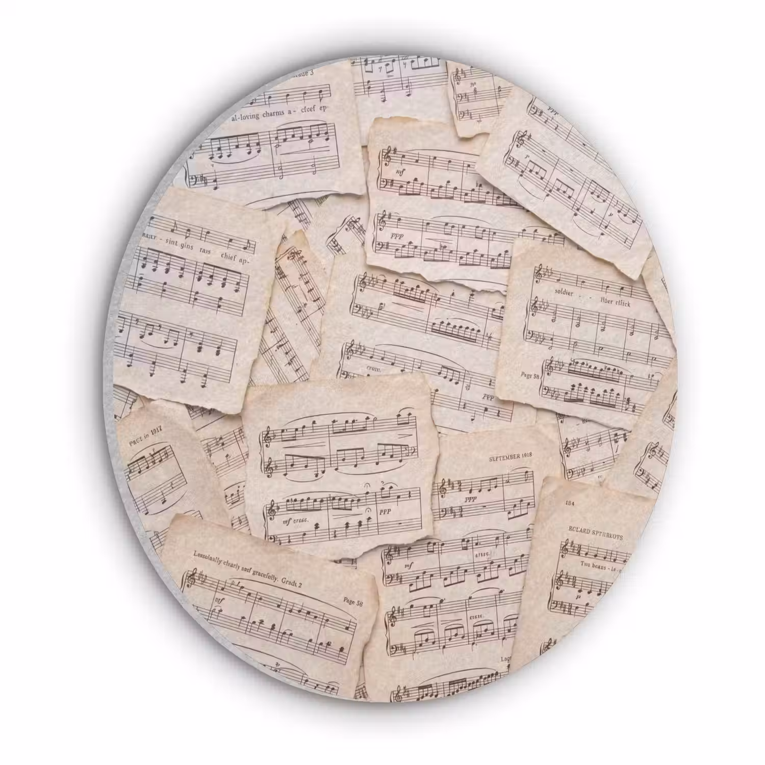 Bladmuziek - Oud - Noten - Vintage - Beige Akoestische PET Vilt - Rond klein -3d