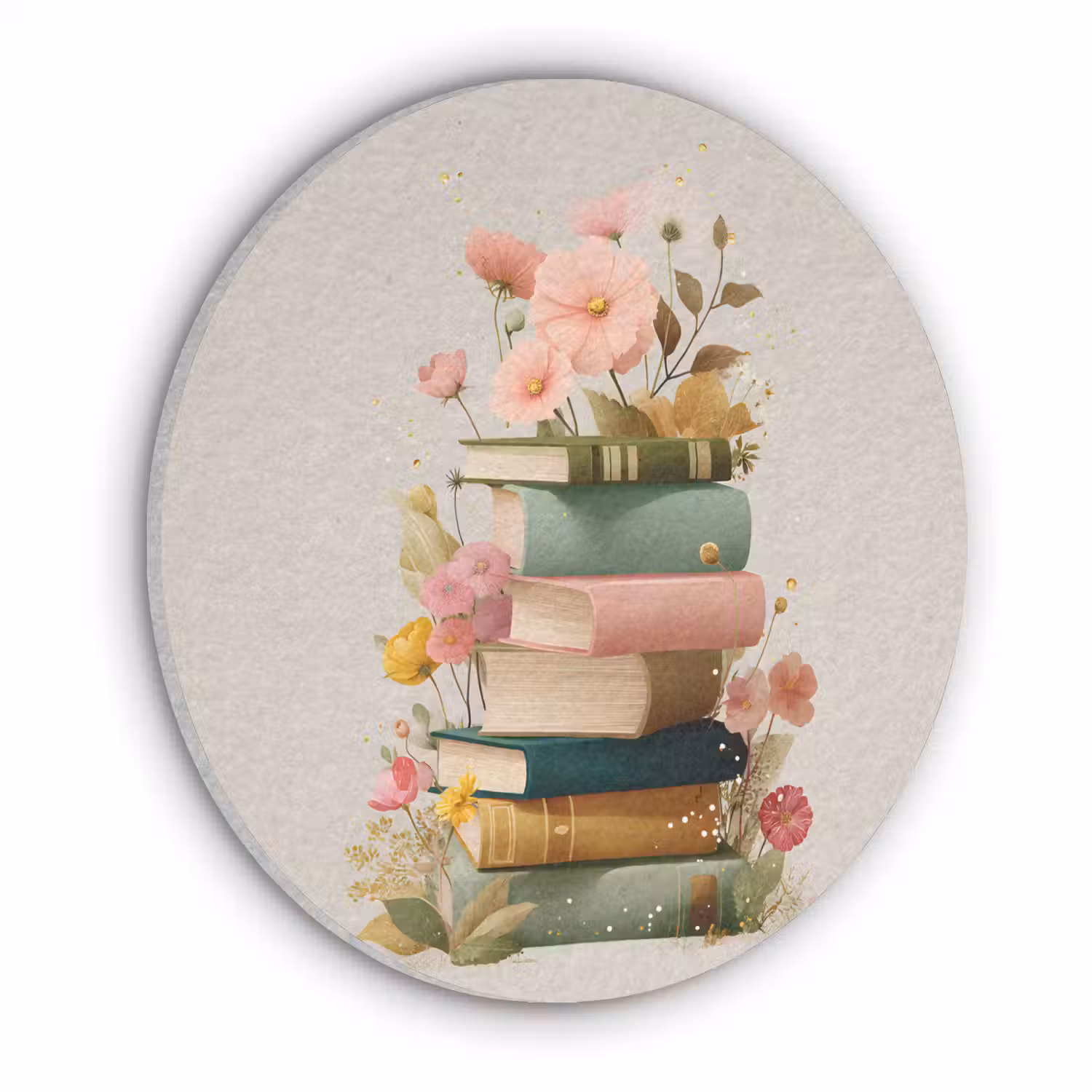 Boeken - Stapel - Bloemen - Kleurrijk Akoestische PET Vilt - Rond klein -3d