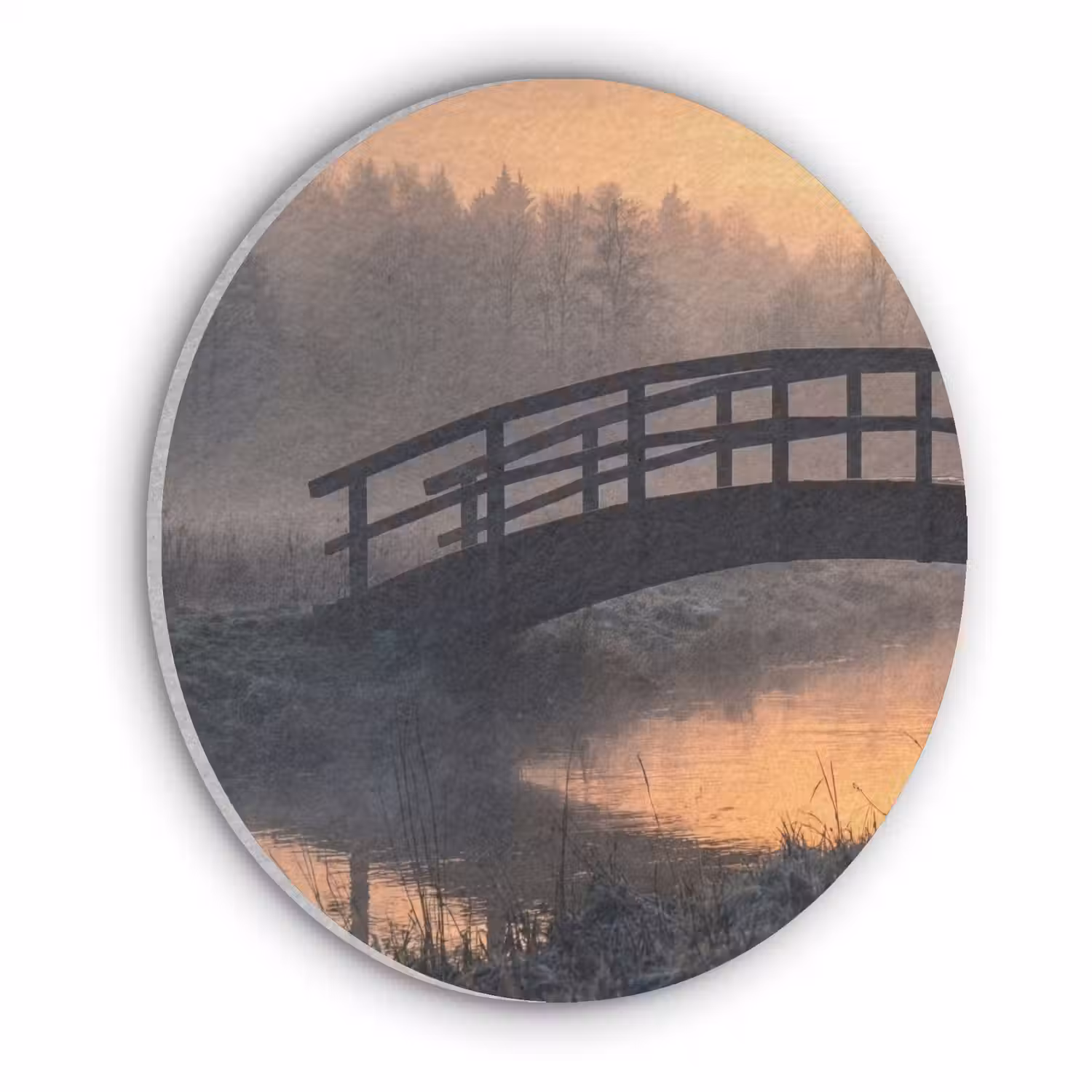 Brug - Mist - Bomen - Water Akoestische PET Vilt - Rond klein -3d