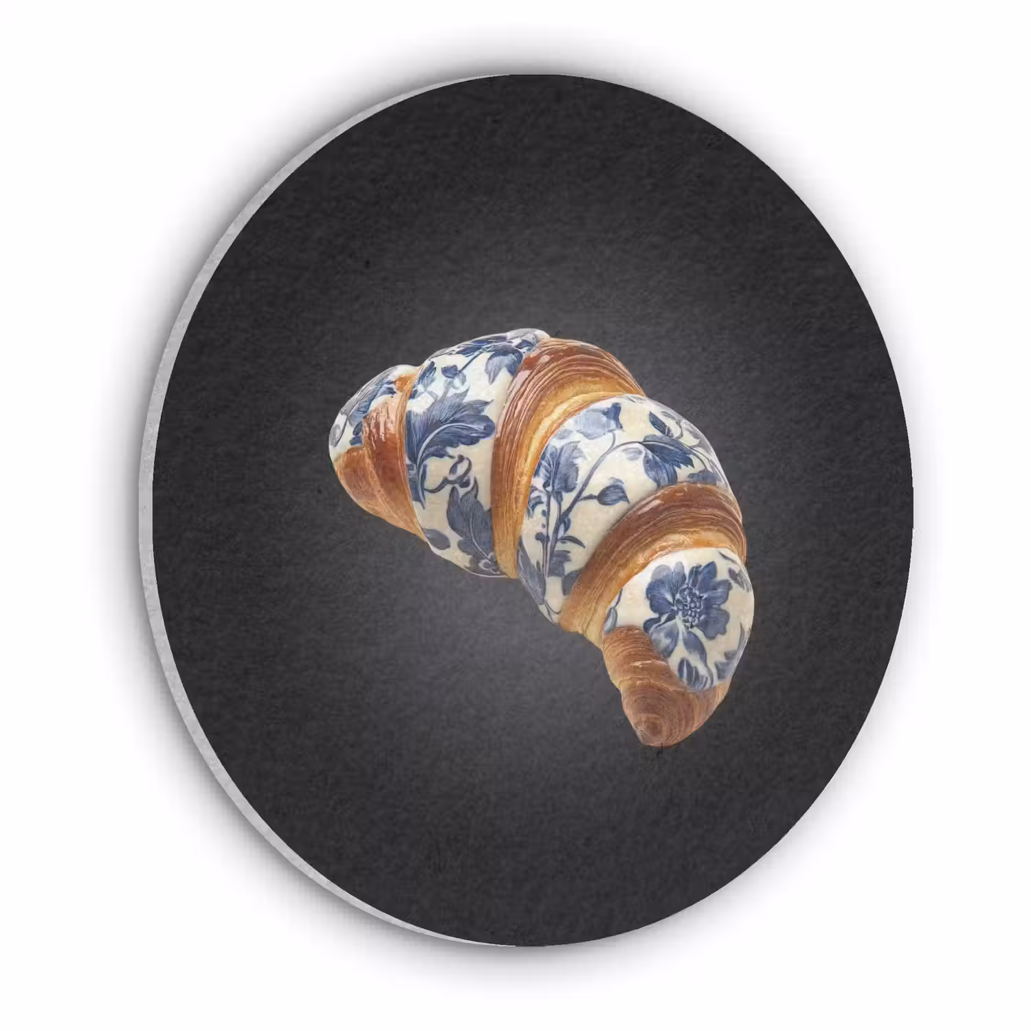 Croissant - Bloemenpatroon - Delftsblauw Akoestische PET Vilt - Rond klein -3d