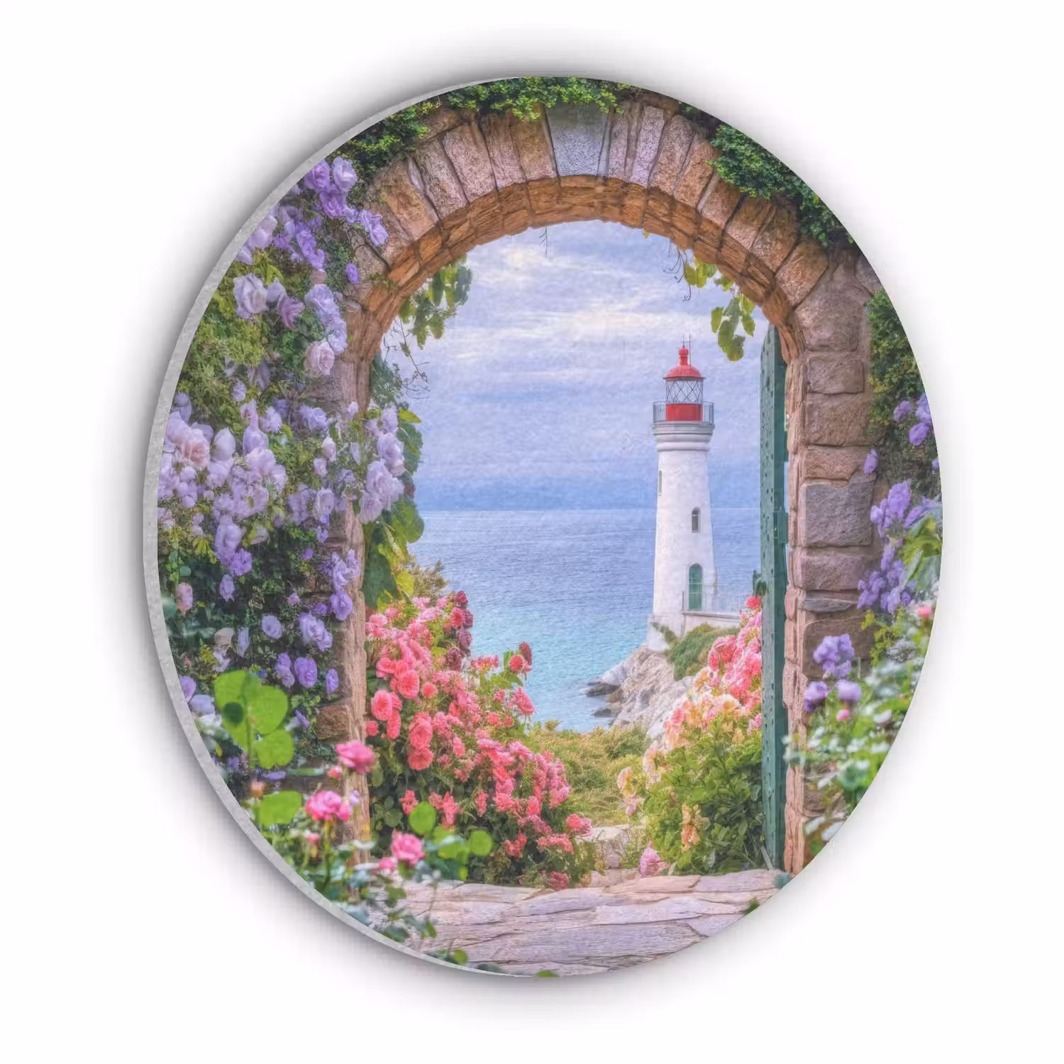 Doorkijk - Vuurtoren - Bloemen - Uitzicht Akoestische PET Vilt - Rond klein -3d