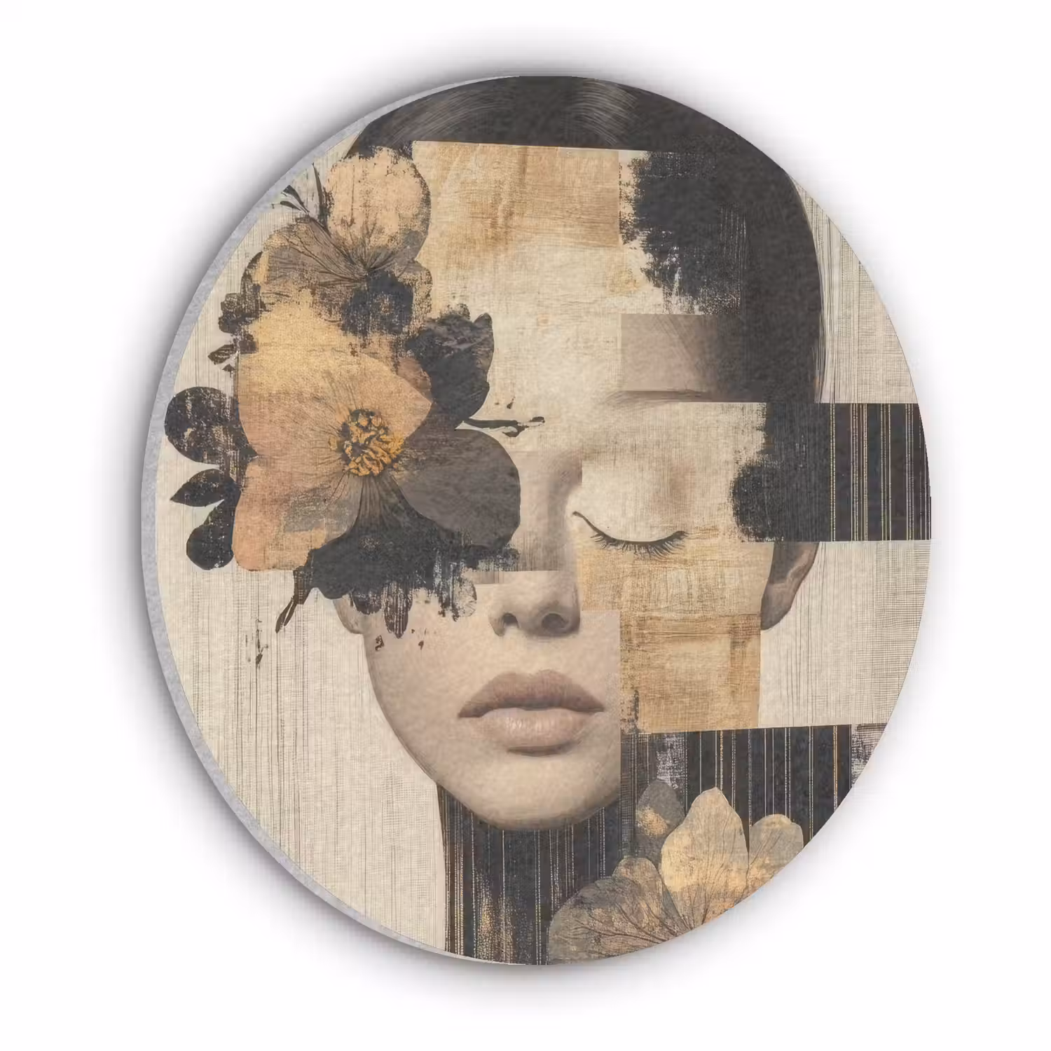 Gezicht - Bloemen - Zwart - Vrouw Akoestische PET Vilt - Rond klein -3d