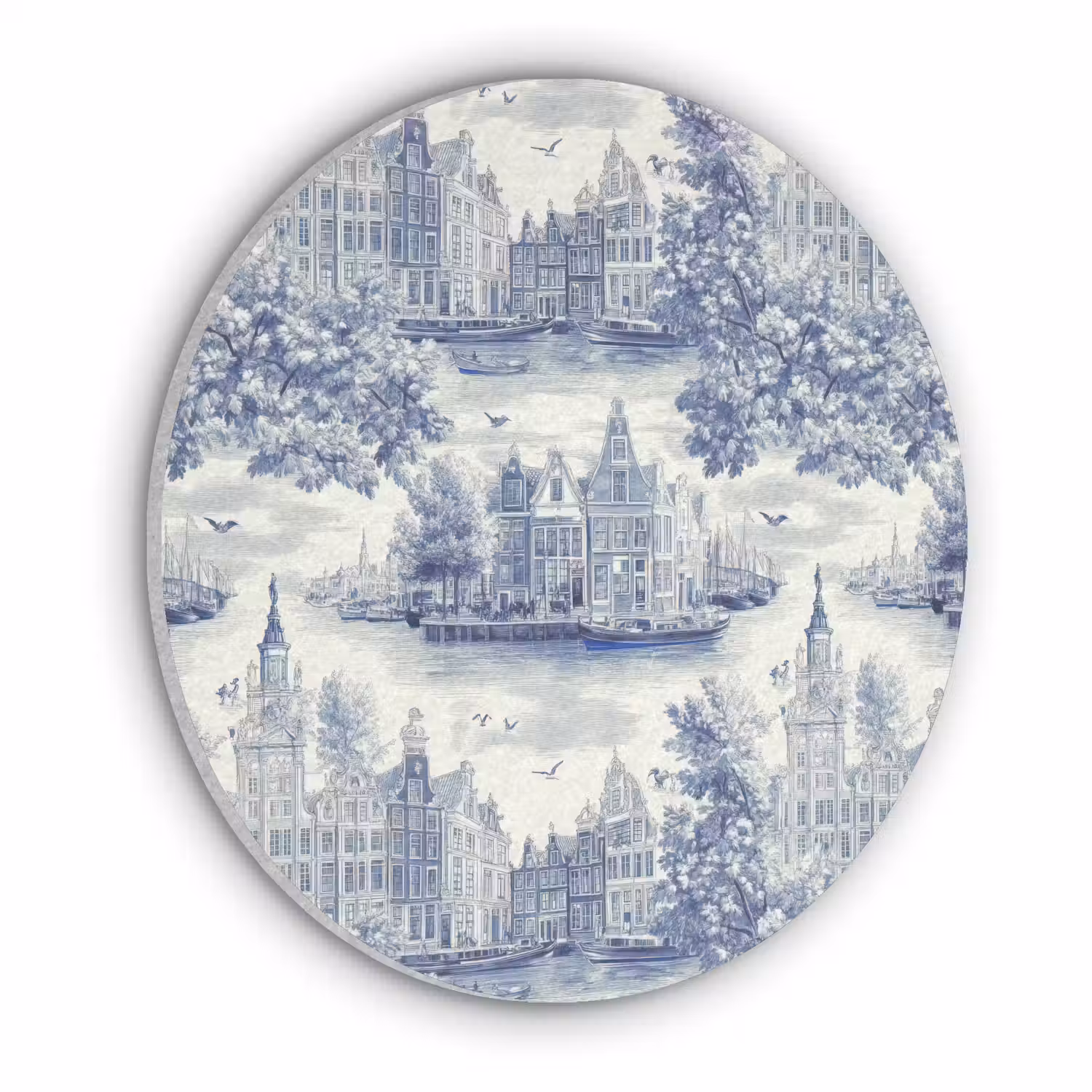 Huizen - Bomen - Water - Vogels - Blauw Akoestische PET Vilt - Rond klein 838 -3d
