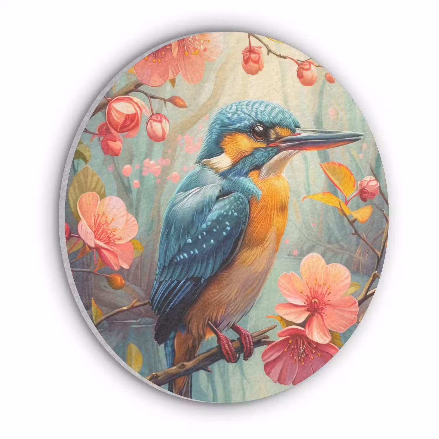 IJsvogel - Bloesem - Natuur - Vogels - Bloemen Akoestische PET Vilt - Rond klein -3d