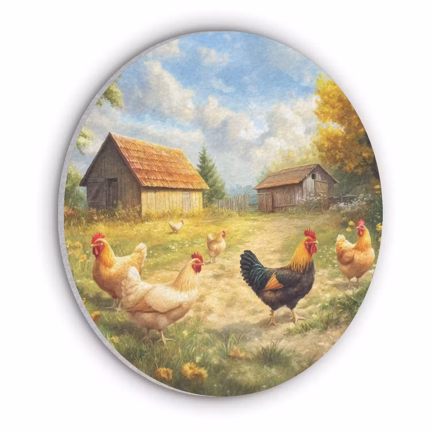 Kippen - Landelijke rust - Natuur Akoestische PET Vilt - Rond klein -3d