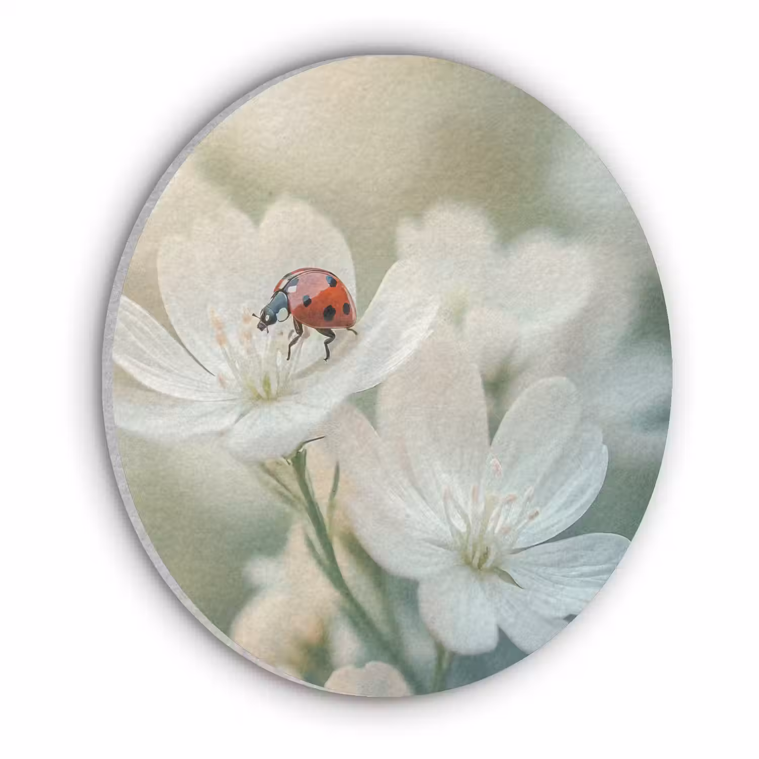 Lieveheersbeestje - Bloemen - Wit Akoestische PET Vilt - Rond klein -3d