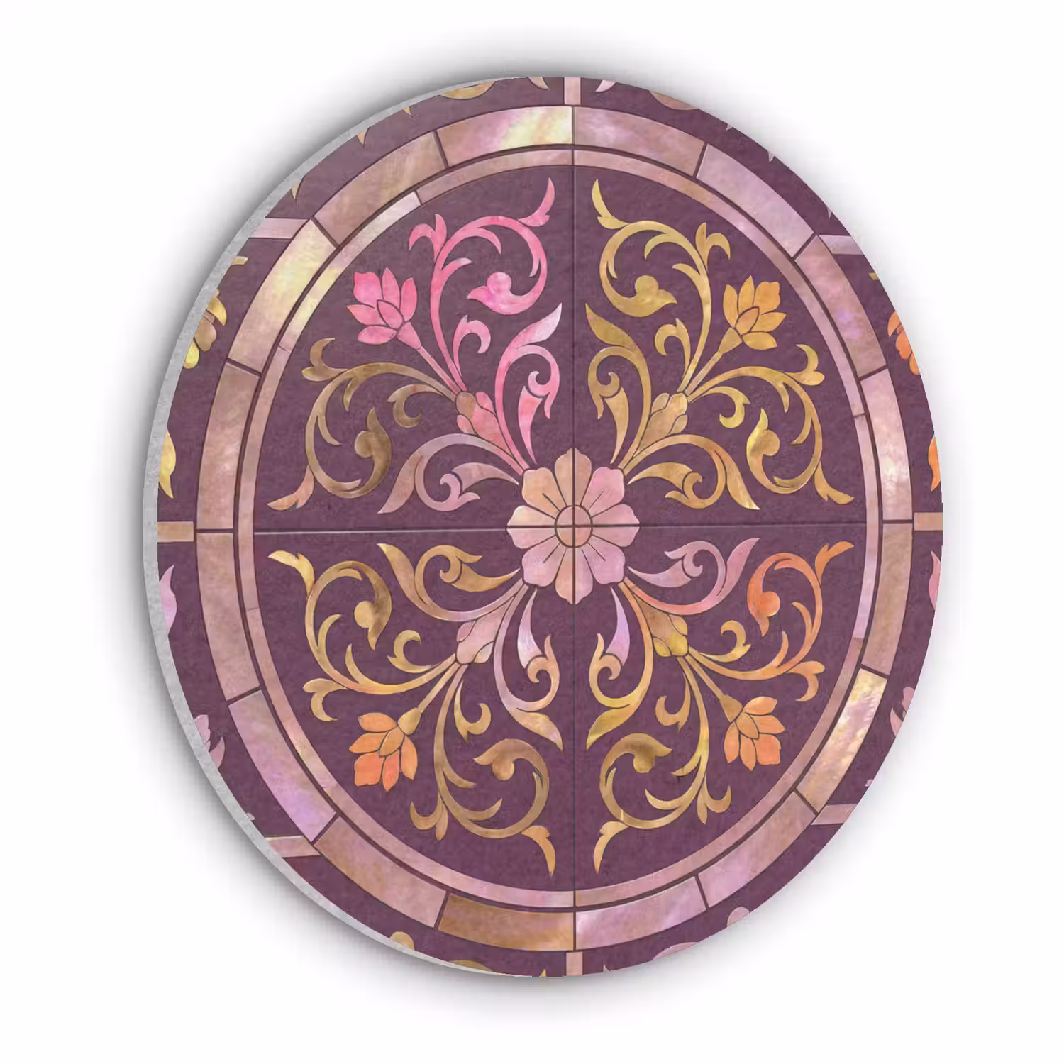 Patroon - Floraal - Oosters - Paars - Goud Akoestische PET Vilt - Rond klein -3d