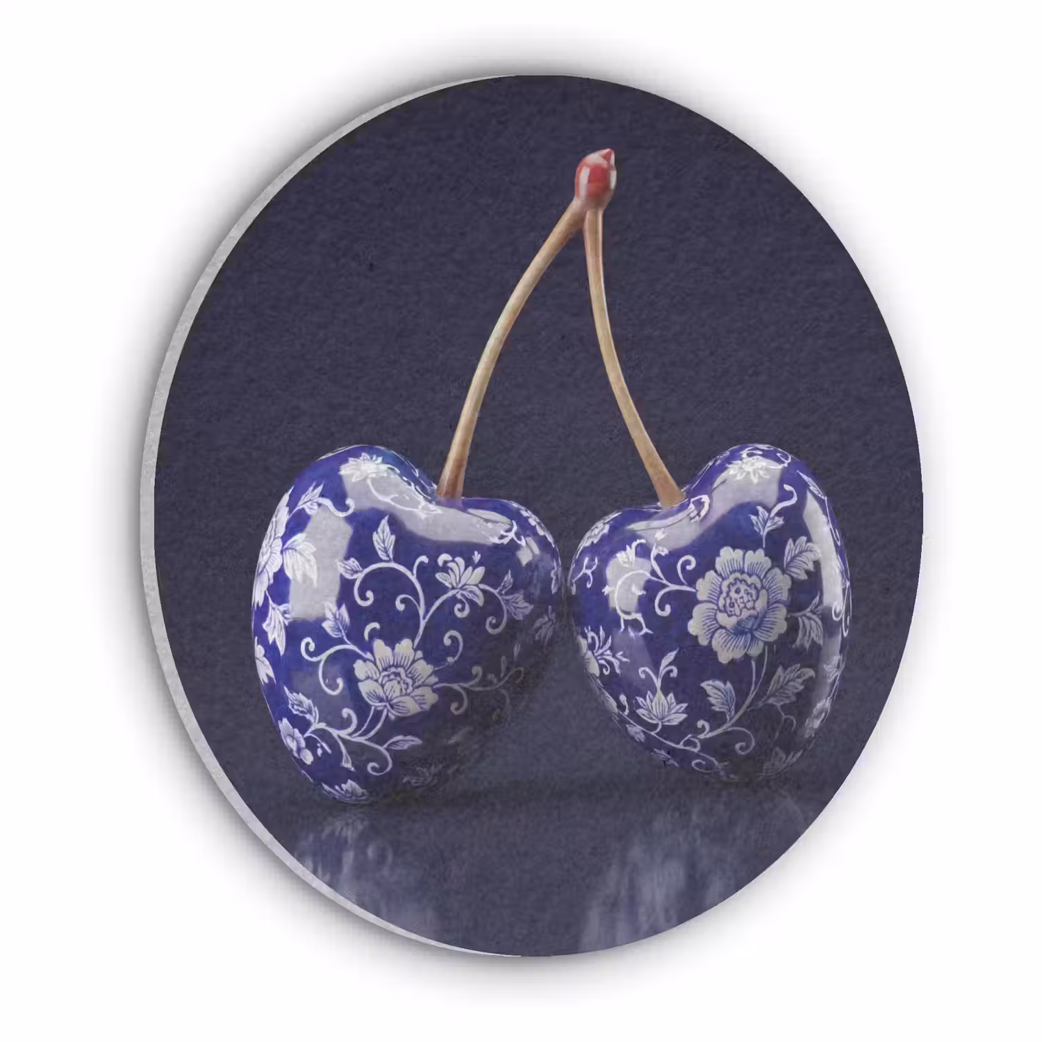 Porselein- Kersen - Delfts - Blauw Akoestische PET Vilt - Rond klein -3d
