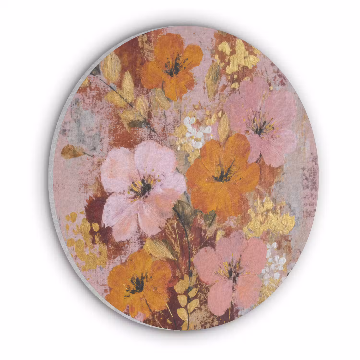 Schilderij - Bloemen - Rustiek - Roze Akoestische PET Vilt - Rond klein -3d
