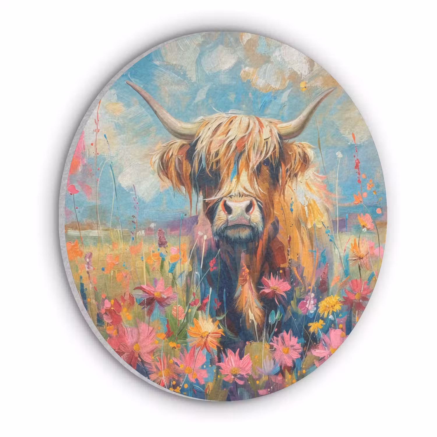 Schotse hooglander - Natuur - Kleurrijk - Bloemen Akoestische PET Vilt - Rond klein -3d