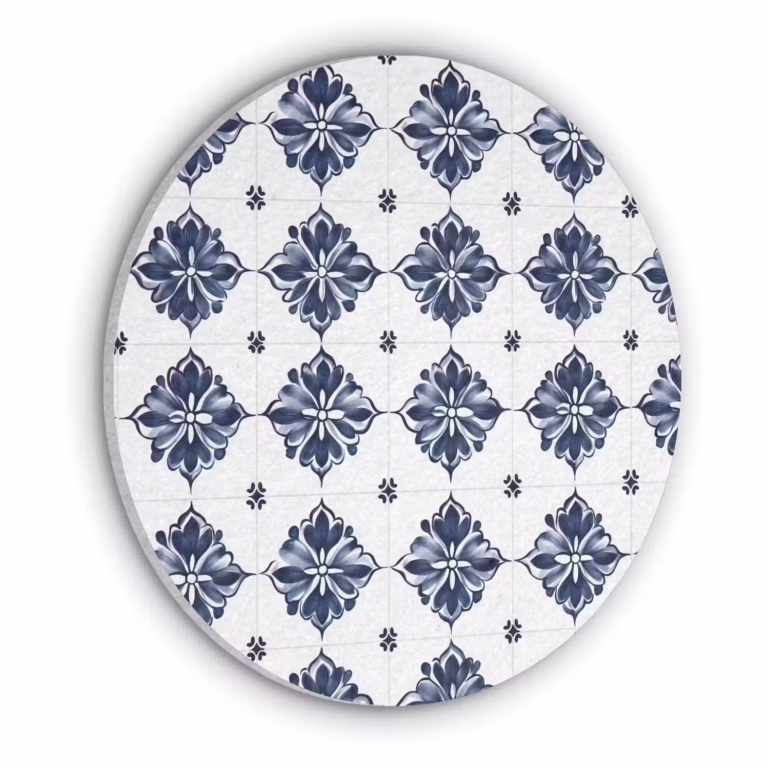 Tegelmotief - Blauw - Wit - Bloem Akoestische PET Vilt - Rond klein 838 -3d