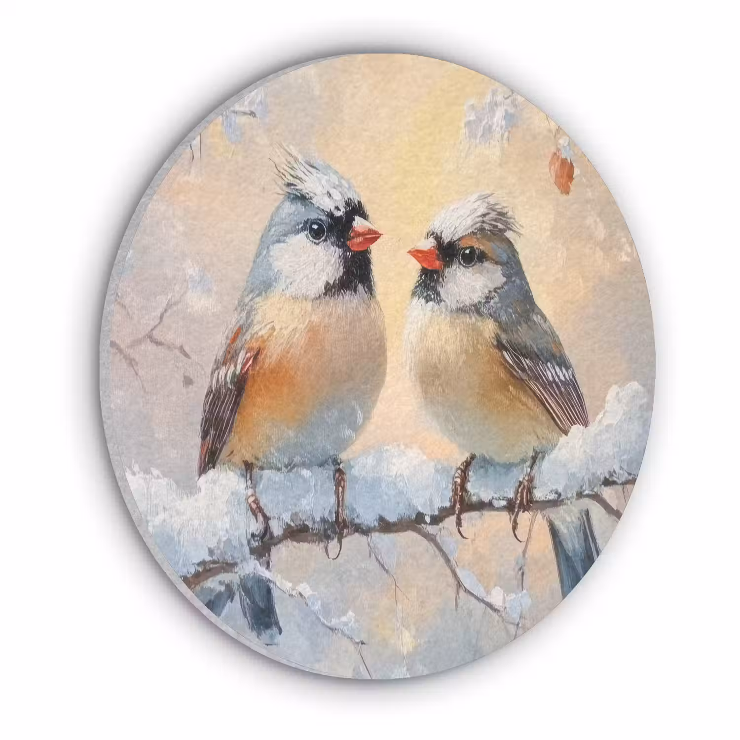 Vogels - Tak - Winter - Sneeuw Akoestische PET Vilt - Rond klein -3d