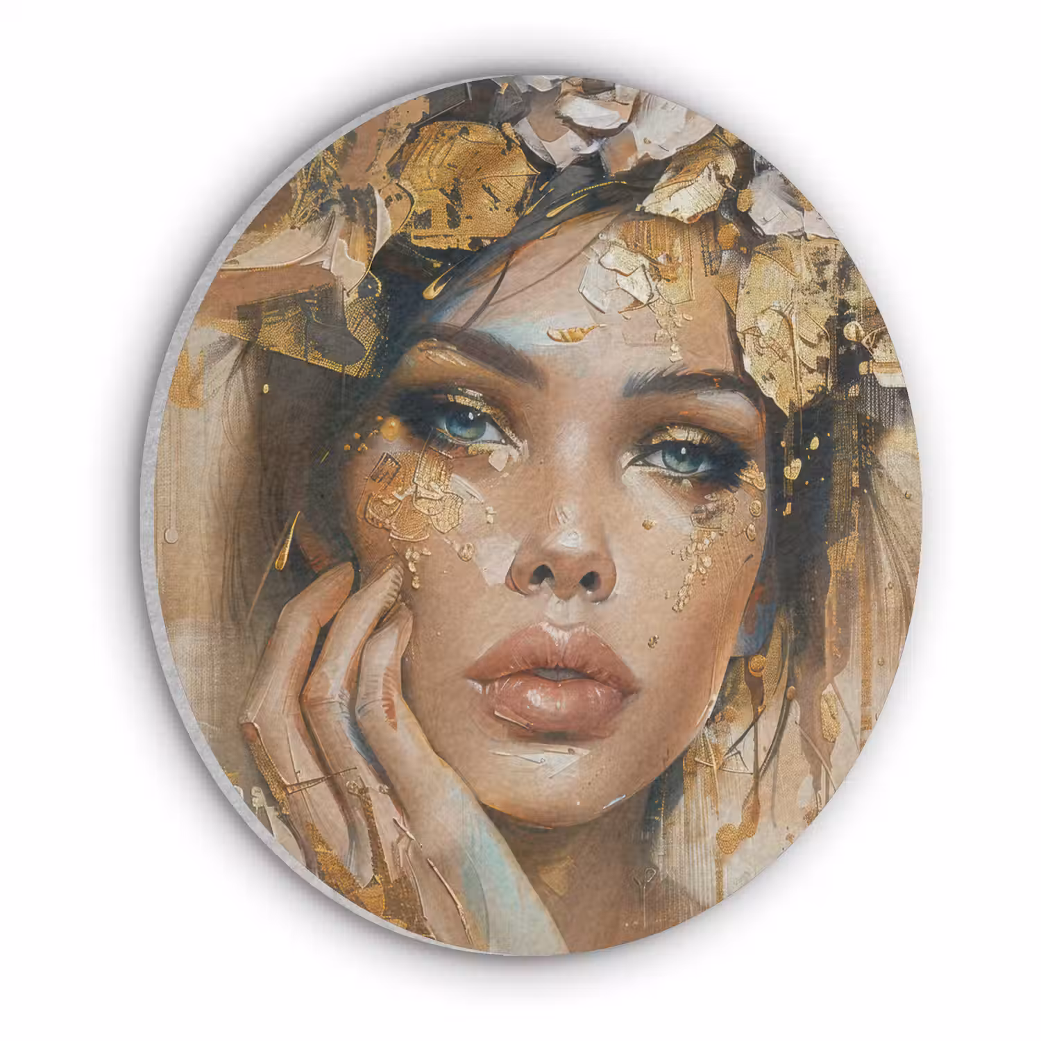 Vrouw - Bloemen - Goud - Portret Akoestische PET Vilt - Rond klein -3d