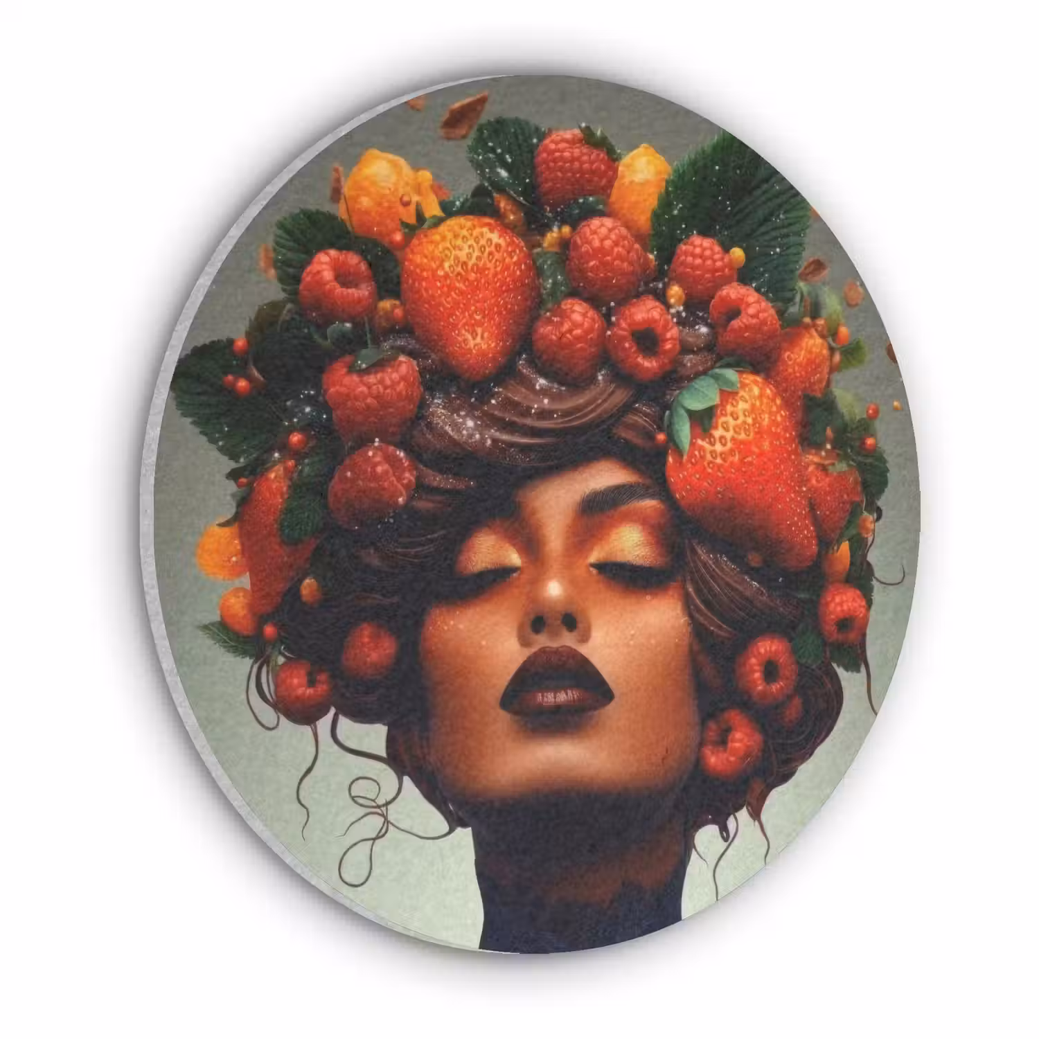 Vrouw - Chocolade - Frambozen - Aardbeien - Koekjes Akoestische PET Vilt - Rond klein -3d