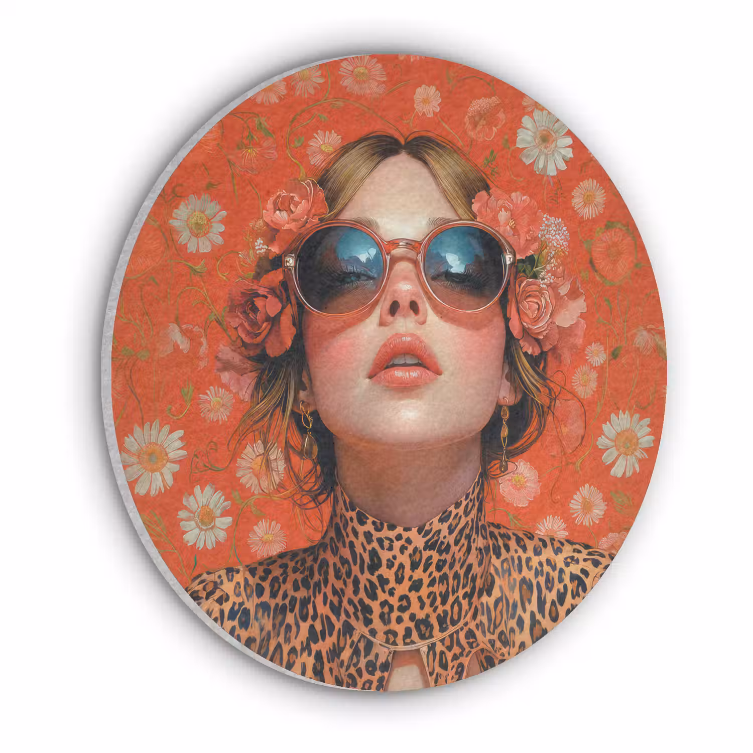 Vrouw - Kleurrijk - Dierenprint - Bloemen Akoestische PET Vilt - Rond klein -3d