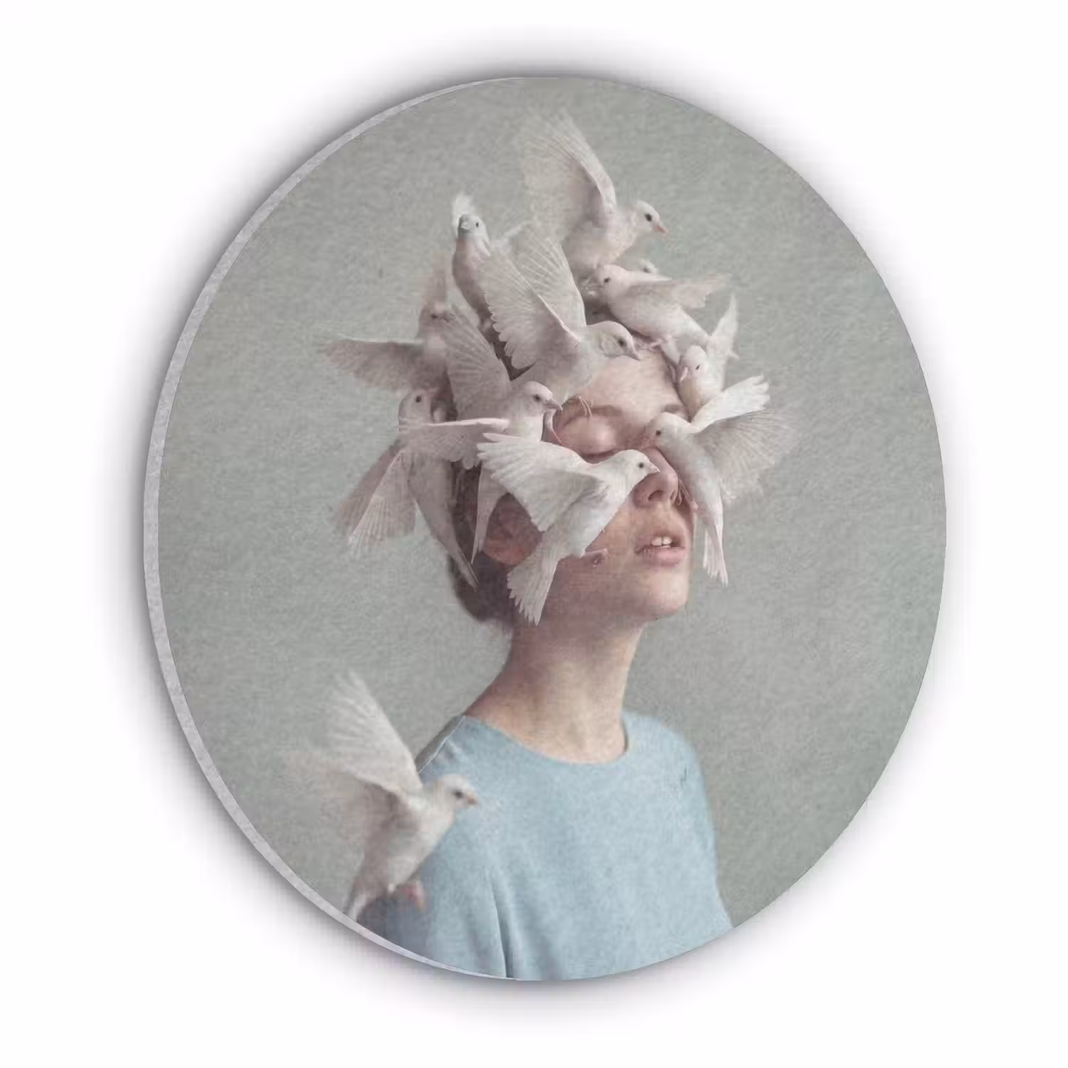 Vrouw - Vogels - Abstract - Modern - Wit Akoestische PET Vilt - Rond klein -3d