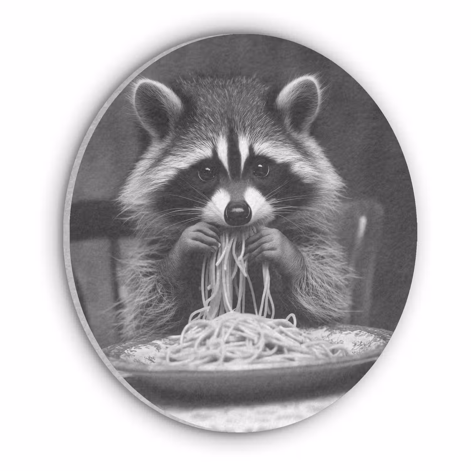 Wasbeer - Cute - Pasta - Tafelkleed - Zwart - Wit Akoestische PET Vilt - Rond klein -3d