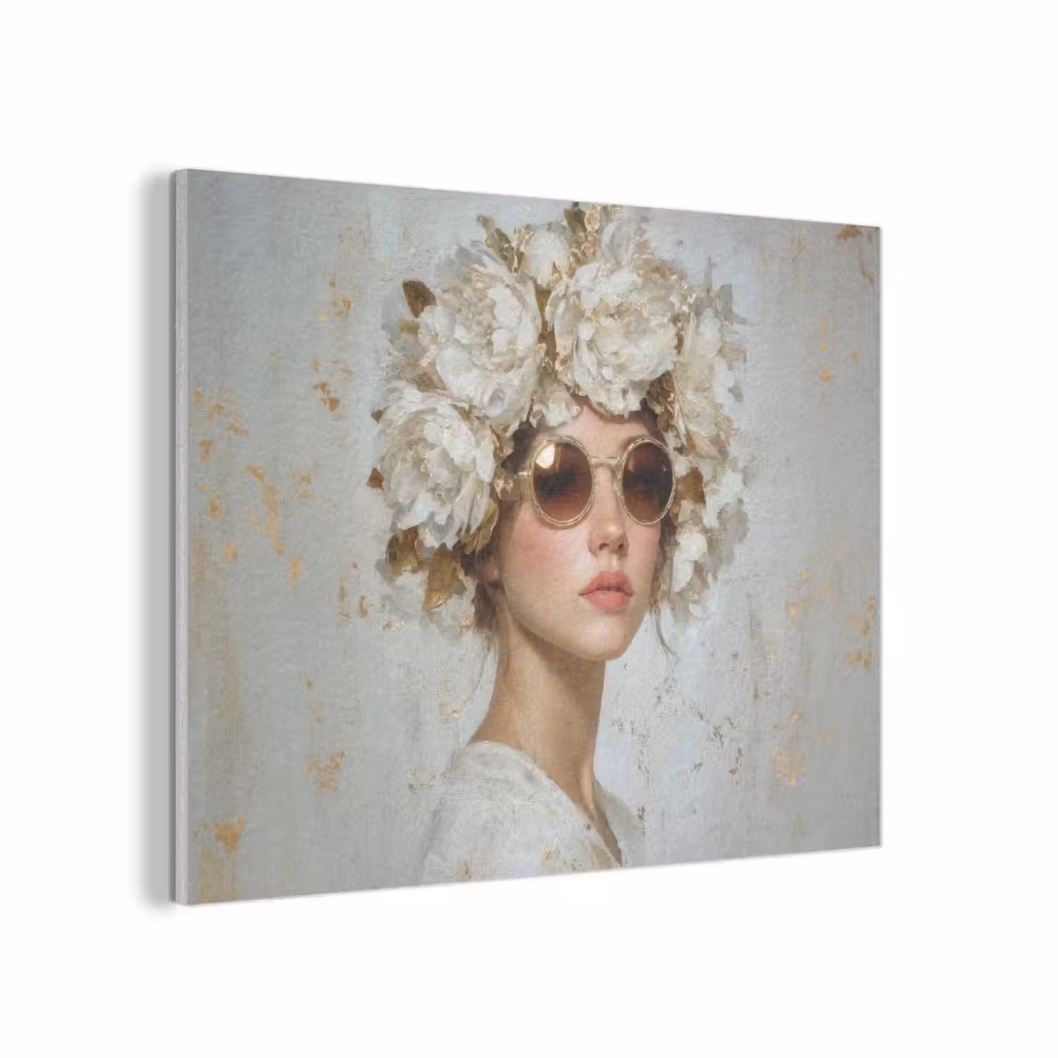 Schilderij - Vrouw - Zonnebril - Bloemenkrans PET vilt klein -3d