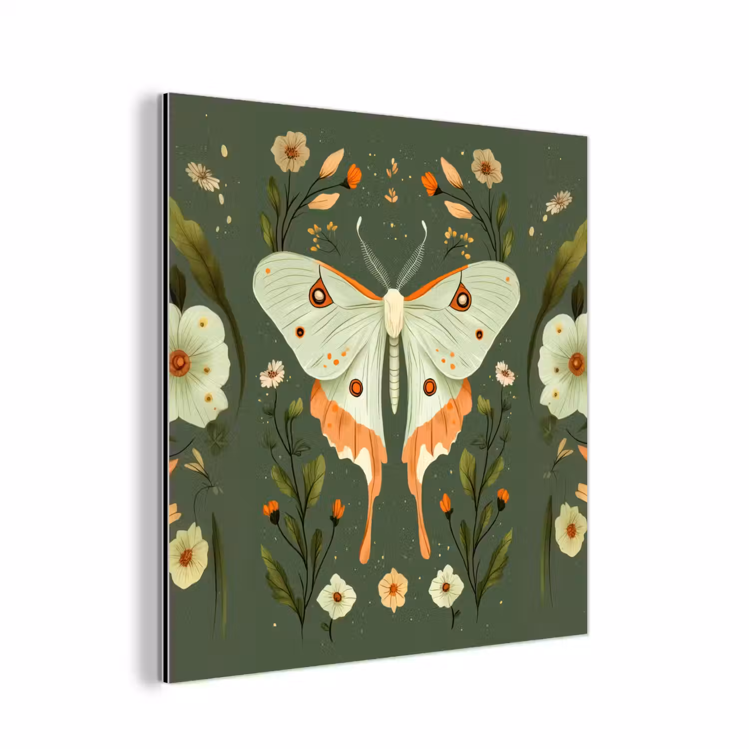 Bloemen - Bladeren - Olijfgroen - Vlinder aluminium wit klein -3d