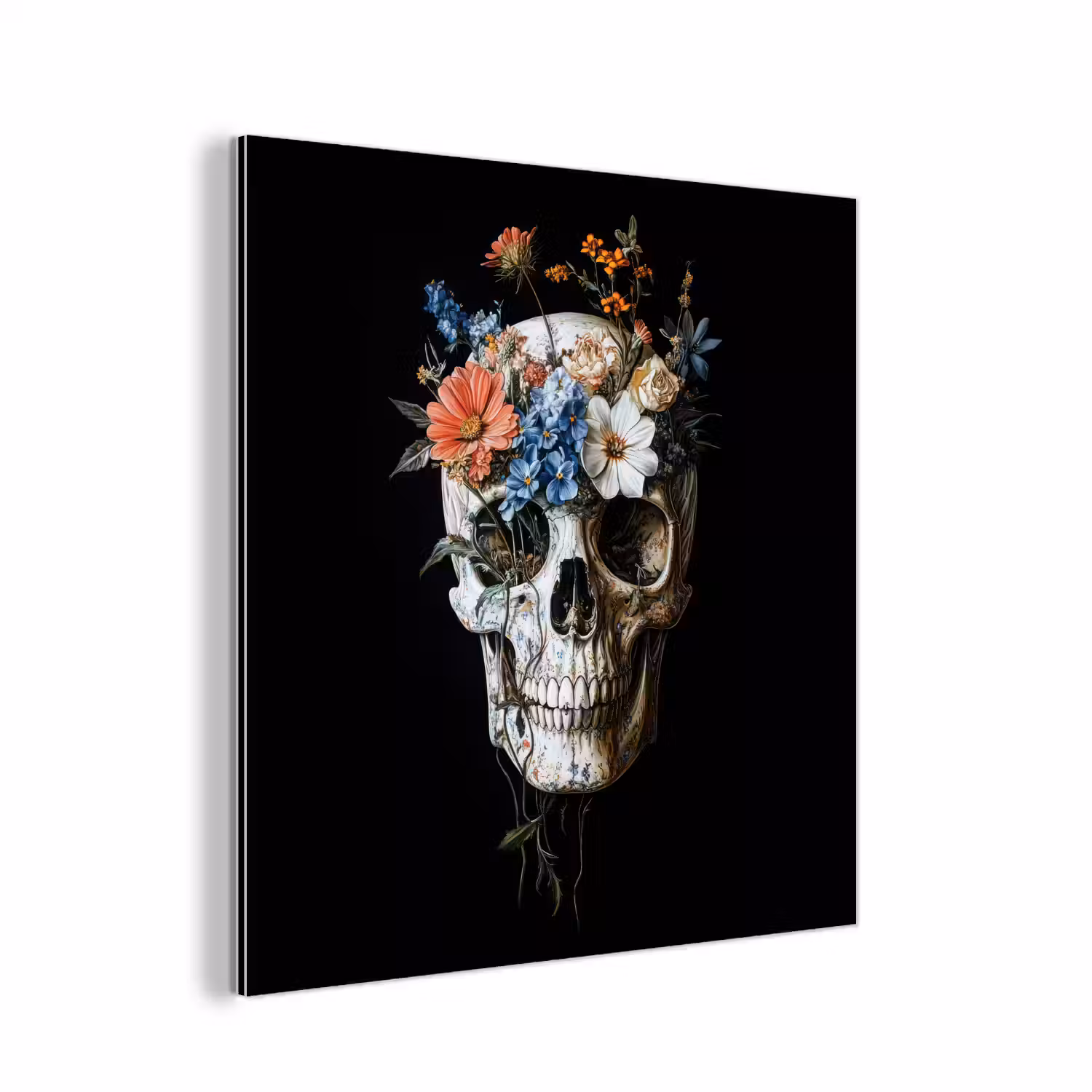 Bloemen - Schedel - Kleurrijk aluminium wit klein -3d