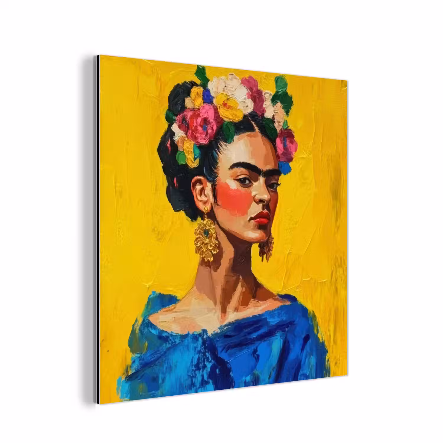 Frida Kahlo - Vrouw - Geel - Blauw - Bloemen aluminium wit klein -3d