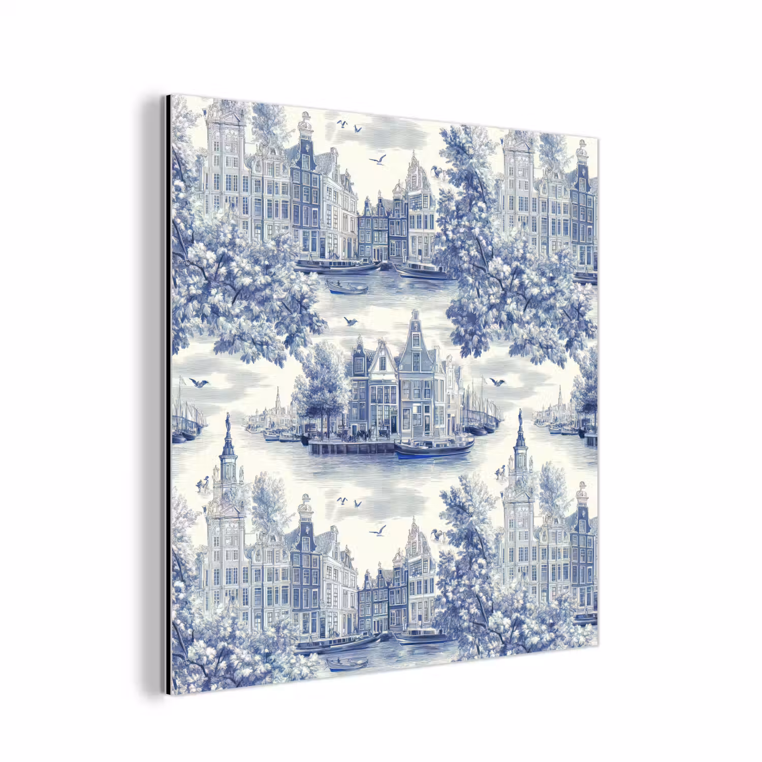 Huizen - Bomen - Water - Vogels - Blauw aluminium wit klein 46 -3d