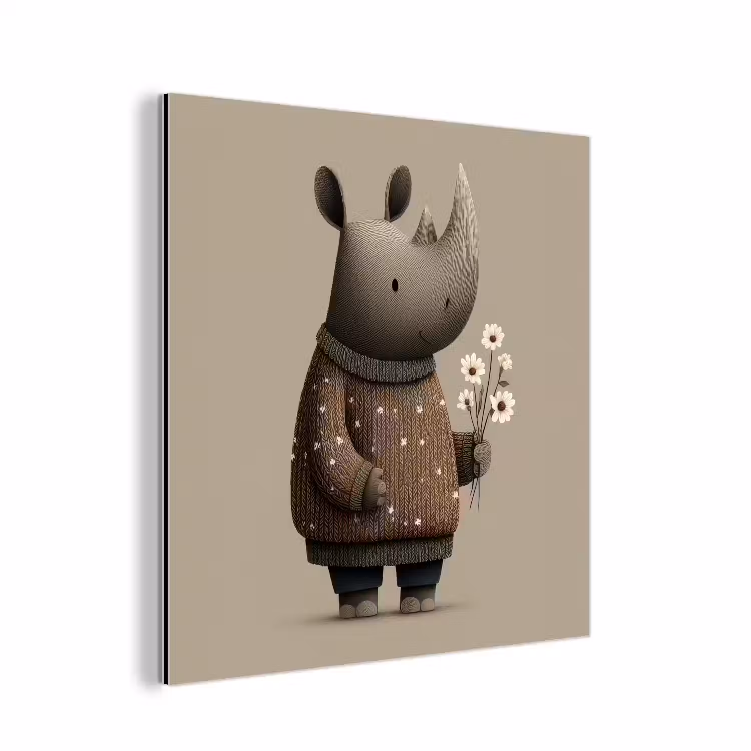 Neushoorn - Witte bloemen - Lief aluminium wit klein -3d