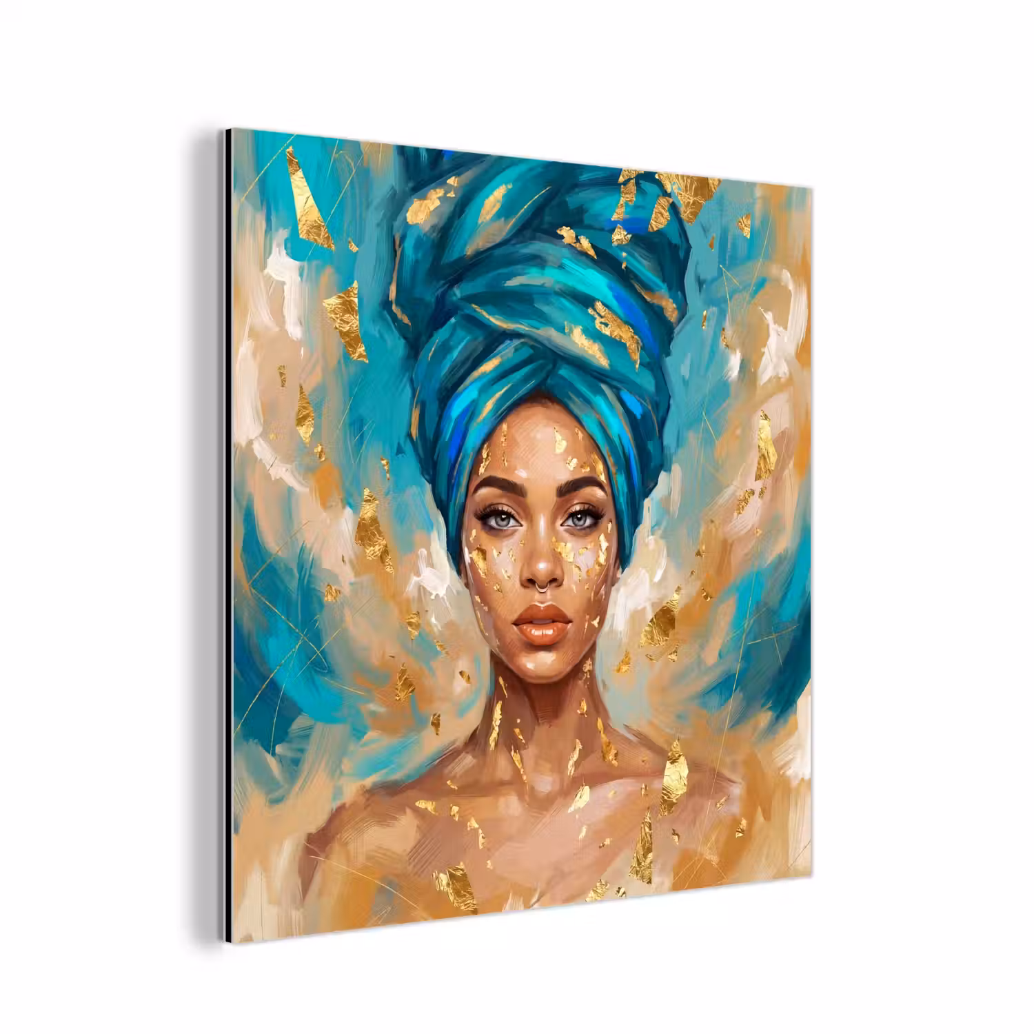 Portret - Vrouw - Schilderij - Blauw - Goud - Expressief aluminium wit klein -3d