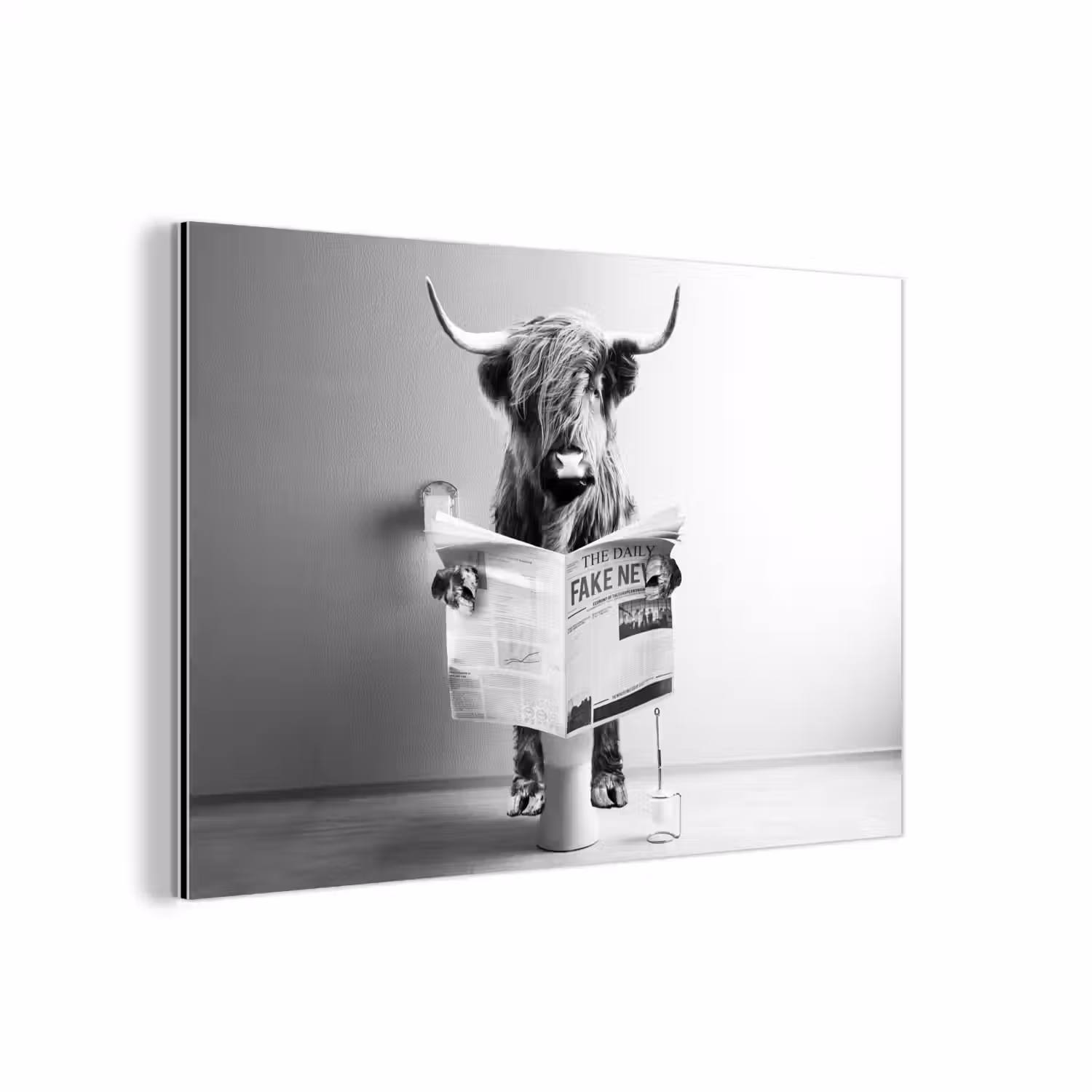 WC - Toilet - Krant - Schotse Hooglander - Zwart Wit aluminium wit klein -3d