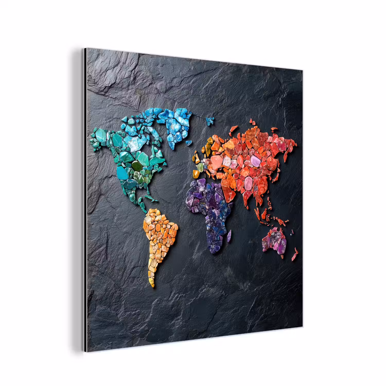Wereldkaart - Edelstenen - Regenboog - Ruw aluminium wit klein -3d