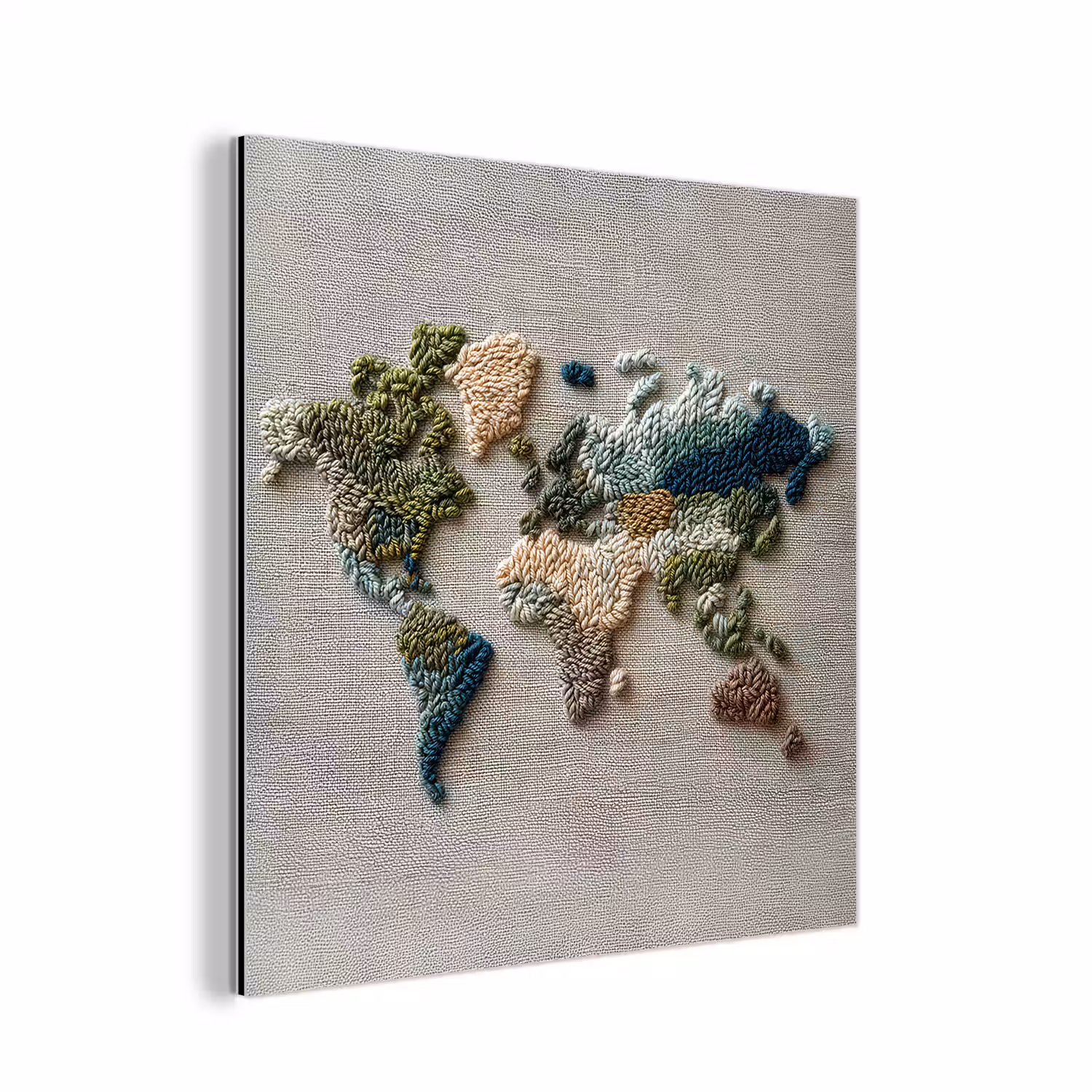 Wereldkaart - Geborduurd - Aardetinten aluminium wit klein -3d