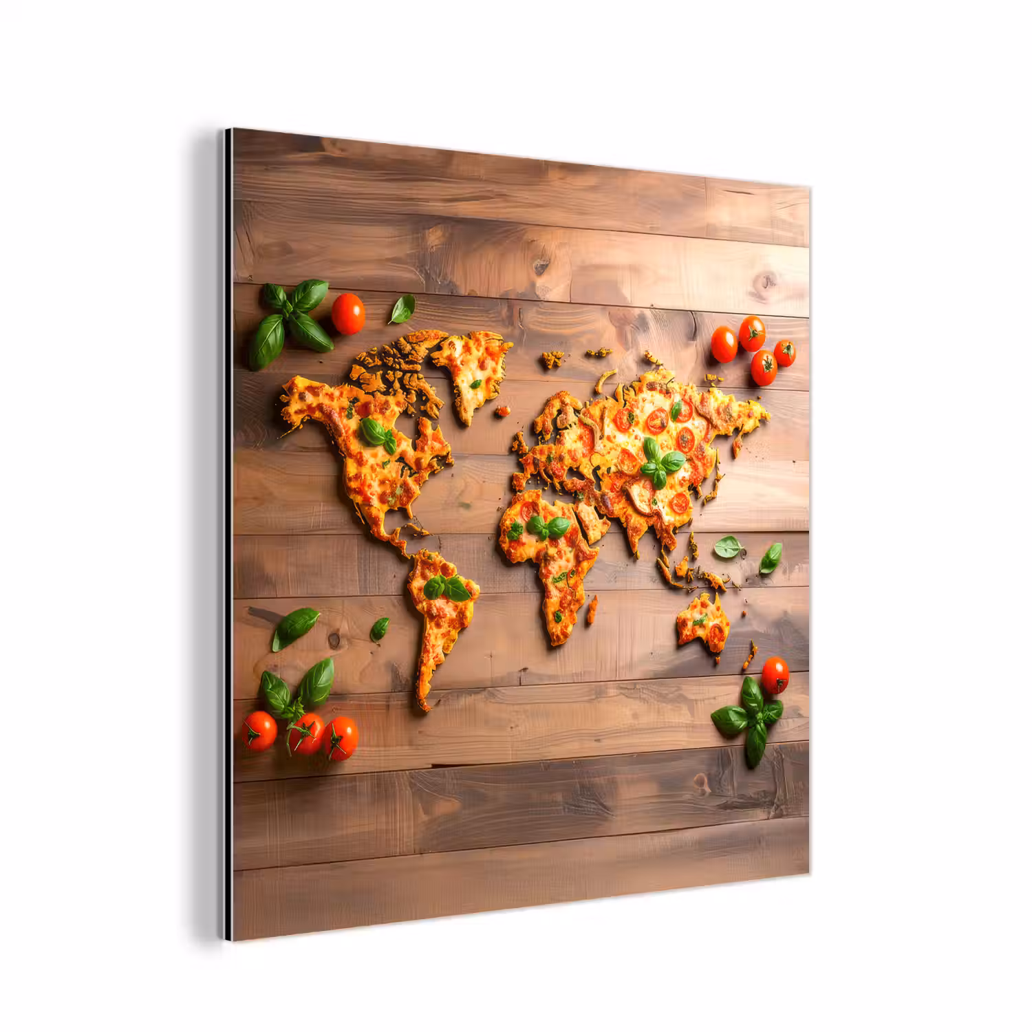 Wereldkaart - Pizza - Houten ondergrond aluminium wit klein -3d