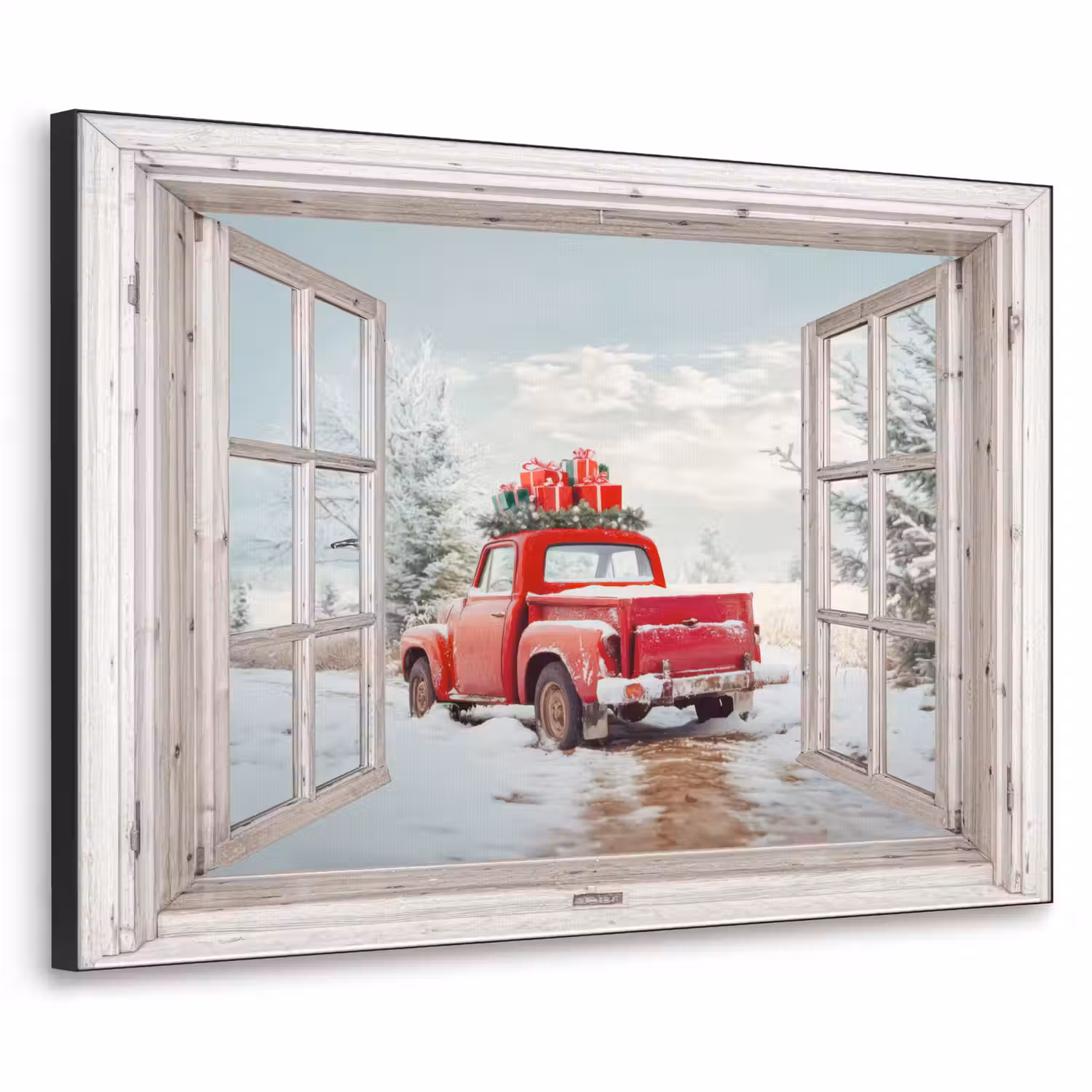 Auto - Rood - Cadeaus - Winter - Kerst - Doorkijk - Wit Textielframe - compleet frame klein -3d