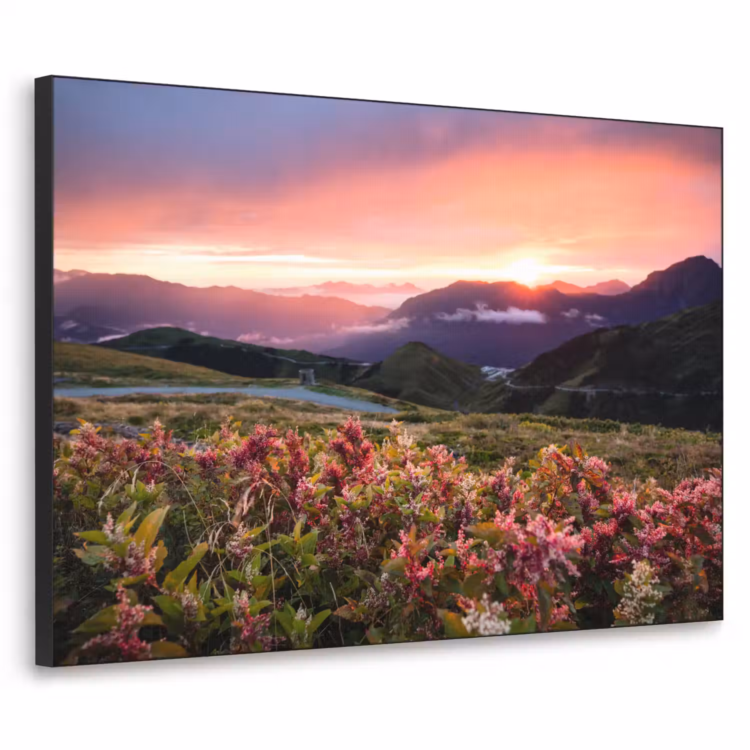Bloemen - Bergen - Landschap - Nacht - Lucht - Roze Textielframe zwart klein -3d