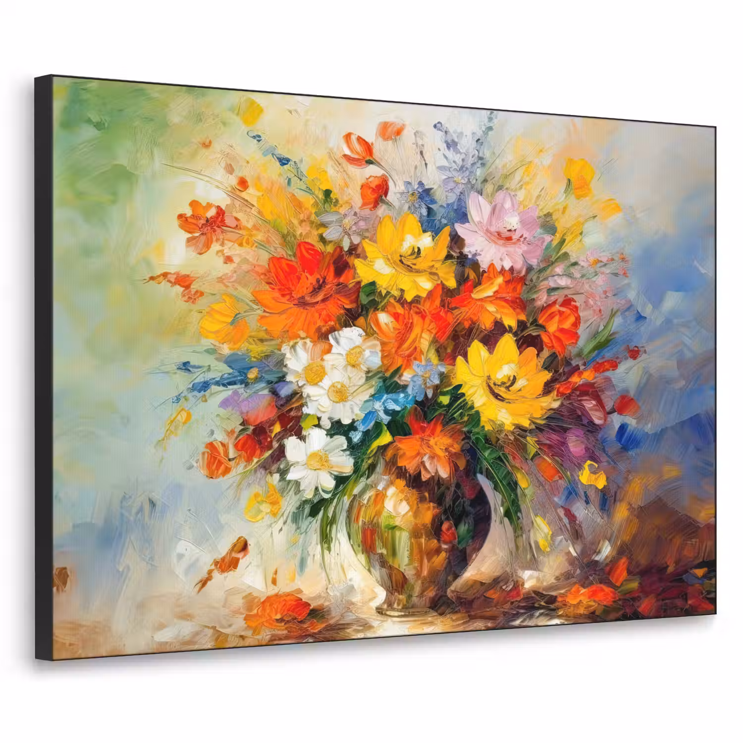 Bloemen - Kleurrijk - Olieverf - Bloempot Textielframe zwart klein -3d