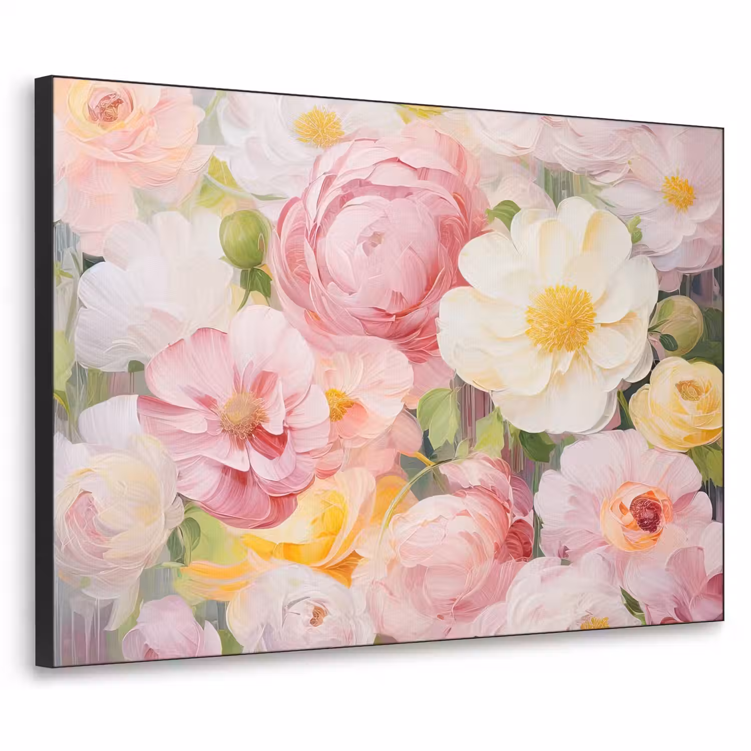 Bloemen - Roze - Botanisch - Kunst - Acrylverf Textielframe zwart klein -3d