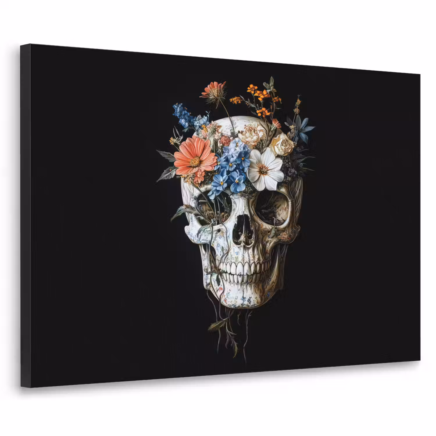 Bloemen - Schedel - Kleurrijk Textielframe - compleet frame klein -3d