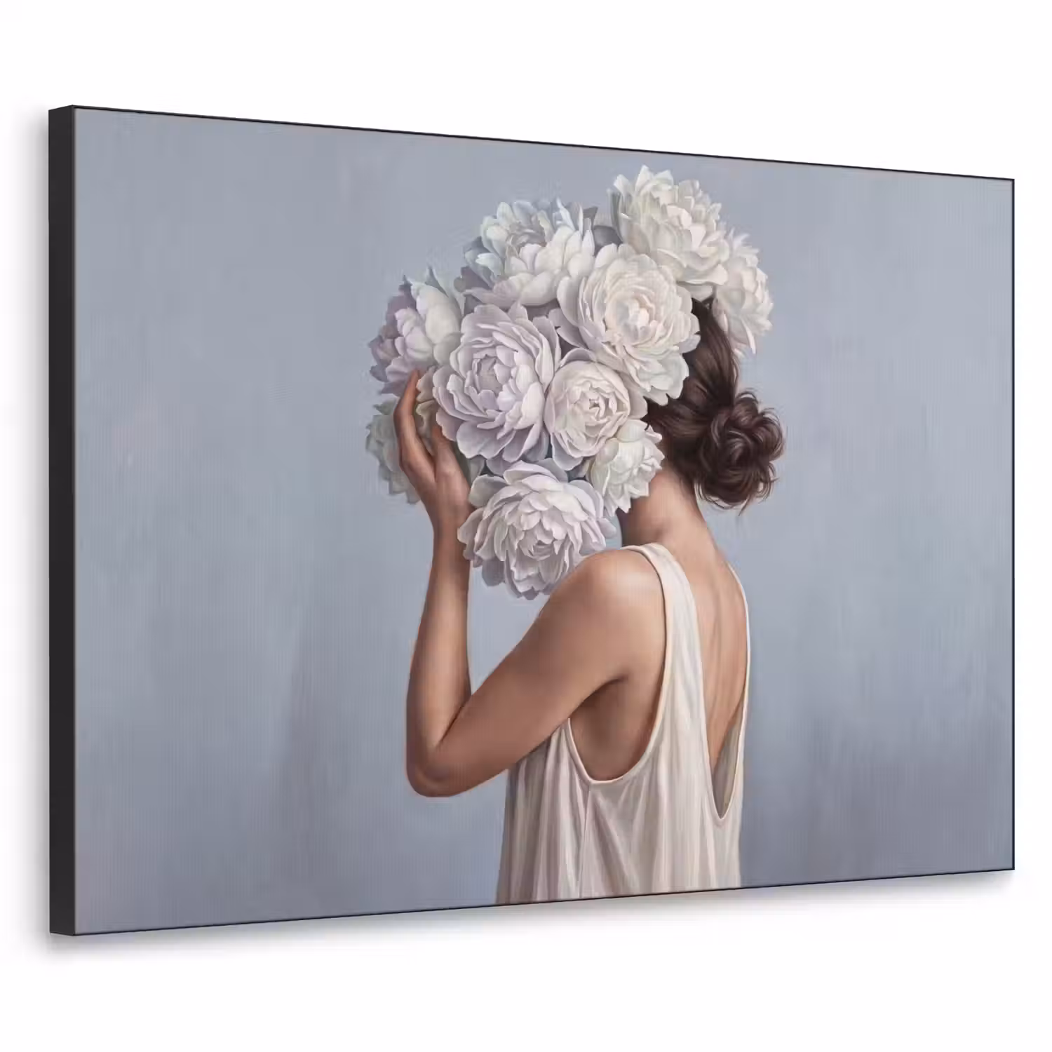 Bloemen - Vrouw - Wit Textielframe zwart klein -3d