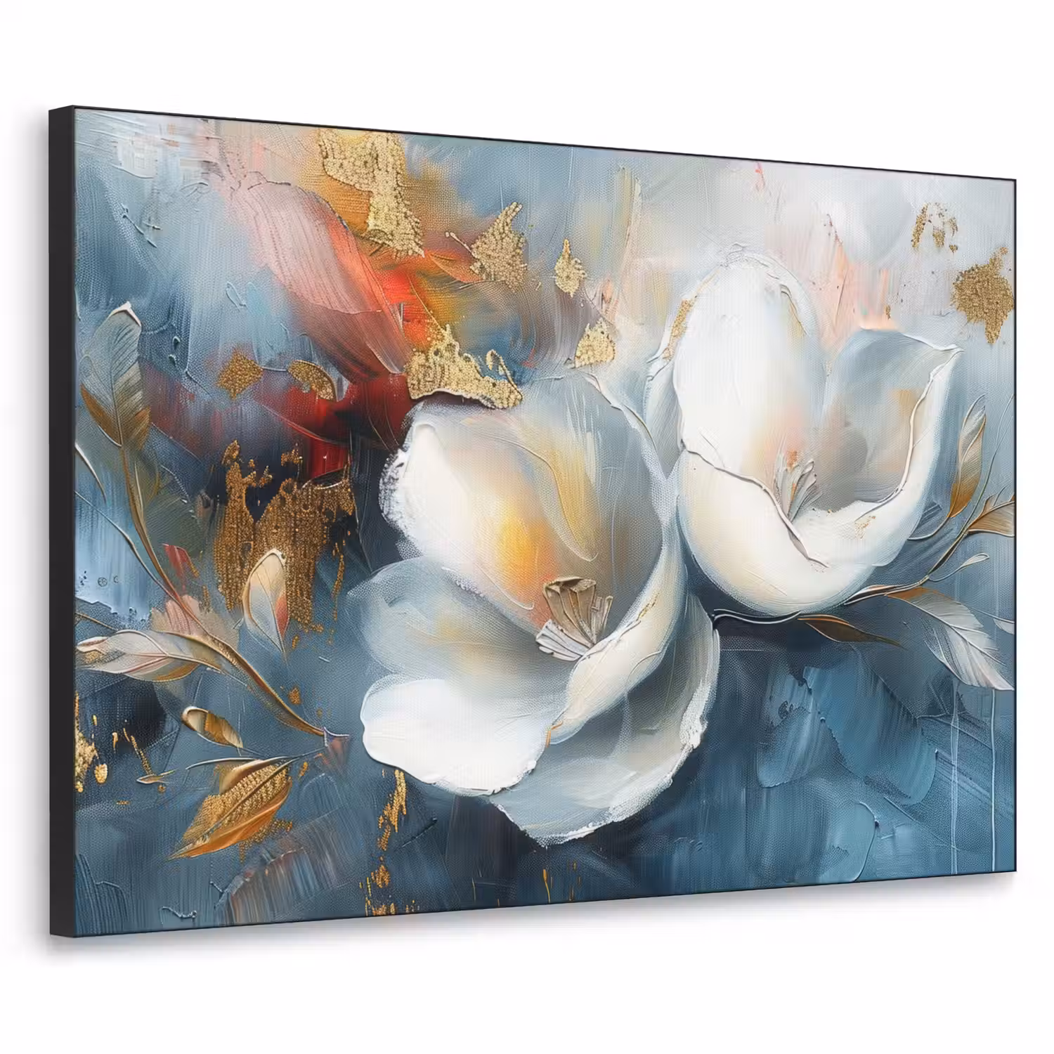 Bloemen - Wit - Goud - Kunst - Abstract Textielframe zwart klein -3d