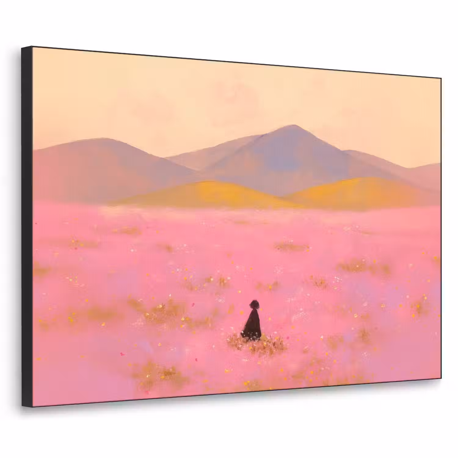 Bloemenweide - Heuvels - Silhouet - Roze Textielframe - compleet frame klein -3d