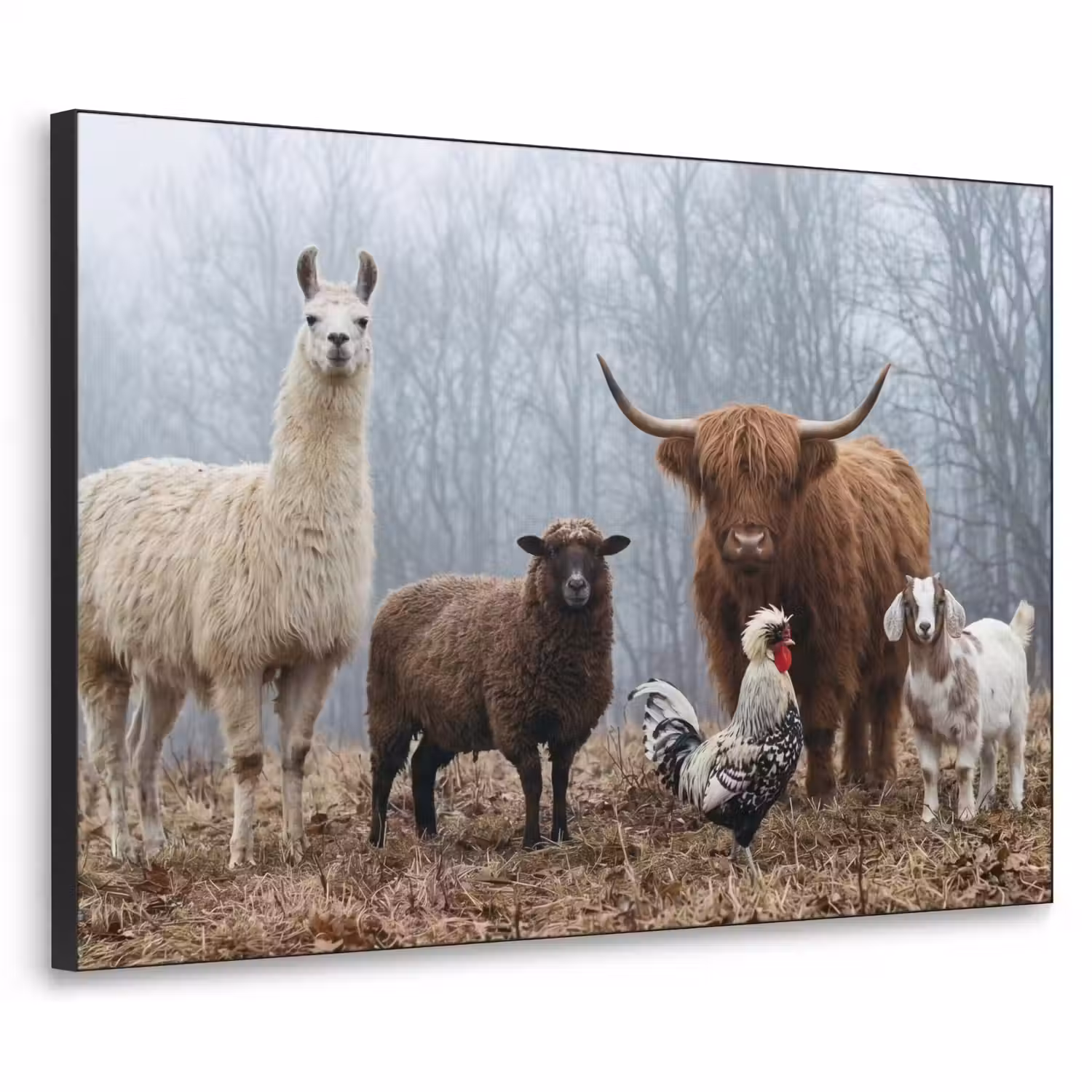 Boerderijdieren - Groep - Mist - Natuur - Rustiek Textielframe zwart klein -3d