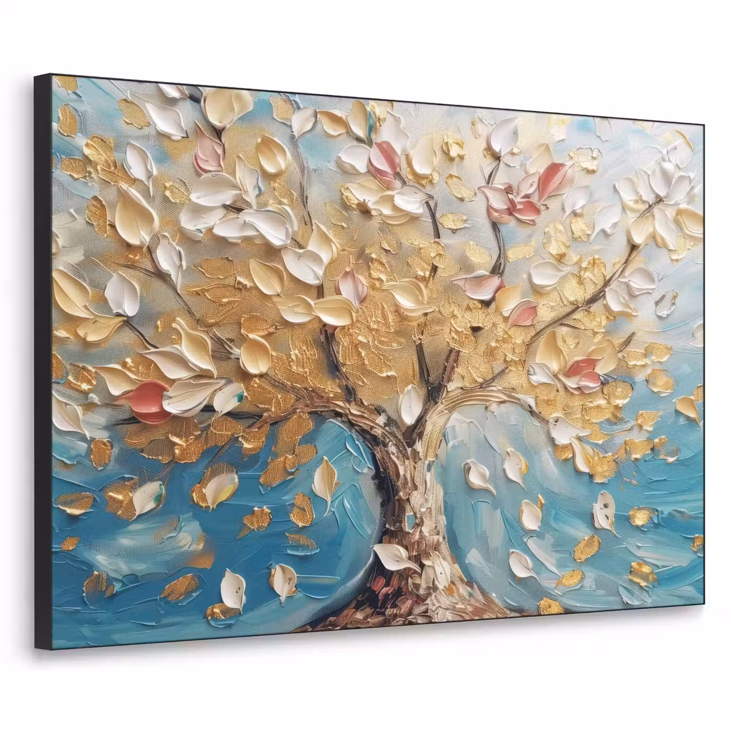 Boom - Blauw - Goud - Abstract - Modern Textielframe - compleet frame klein -3d