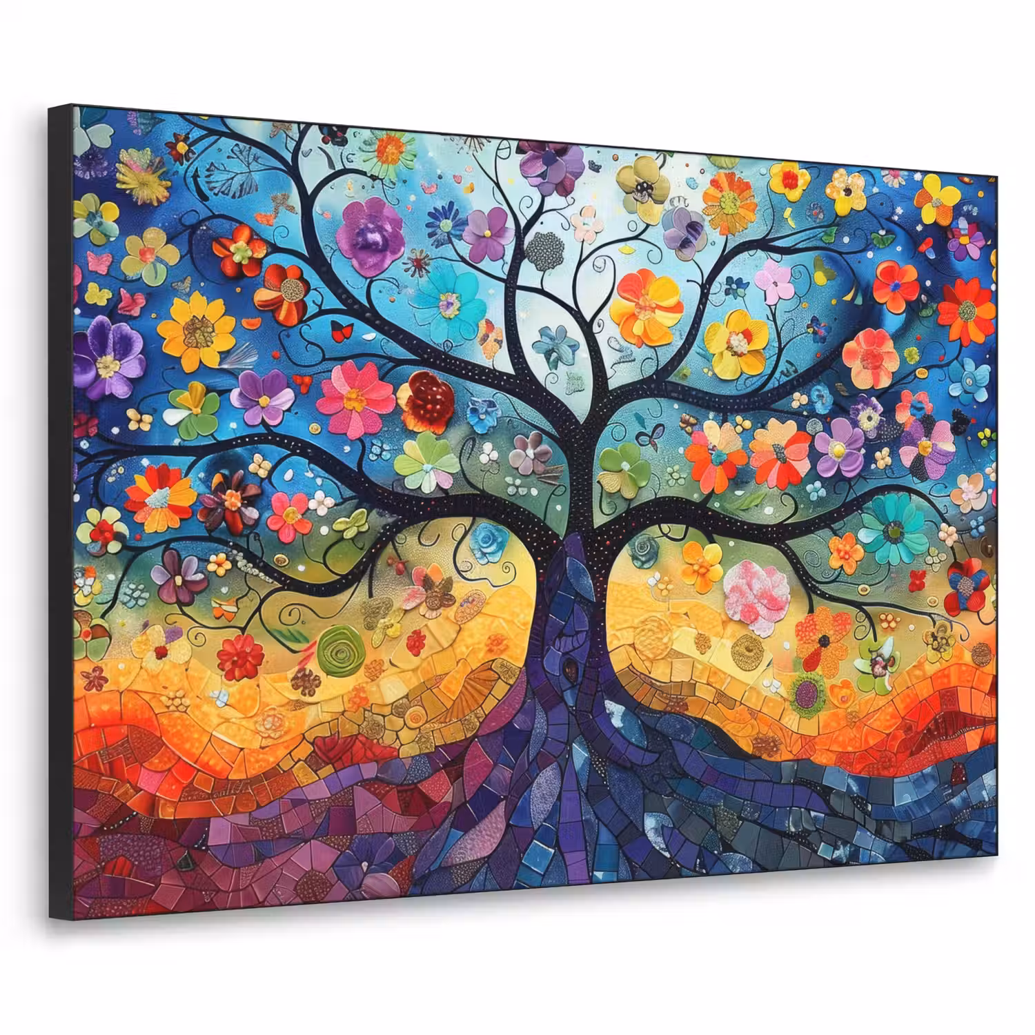 Boom - Kleurrijk - Bloemen - Kunst - Abstract Textielframe zwart klein -3d