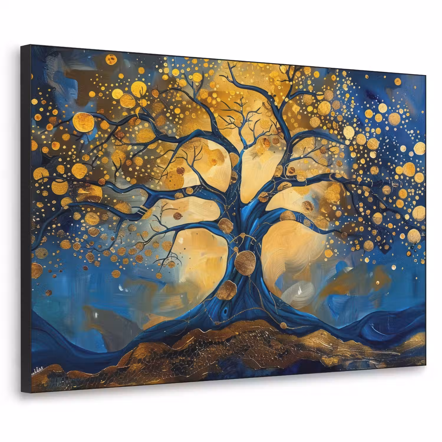 Boom - Levensboom - Blauw - Goud Textielframe - compleet frame klein -3d