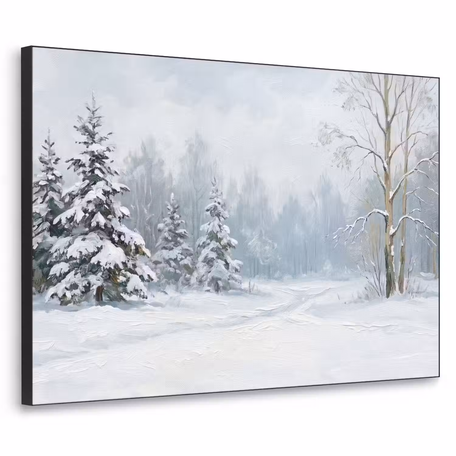Bospad - Dennen - Sneeuw - Winter - Rustgevend Textielframe zwart klein -3d