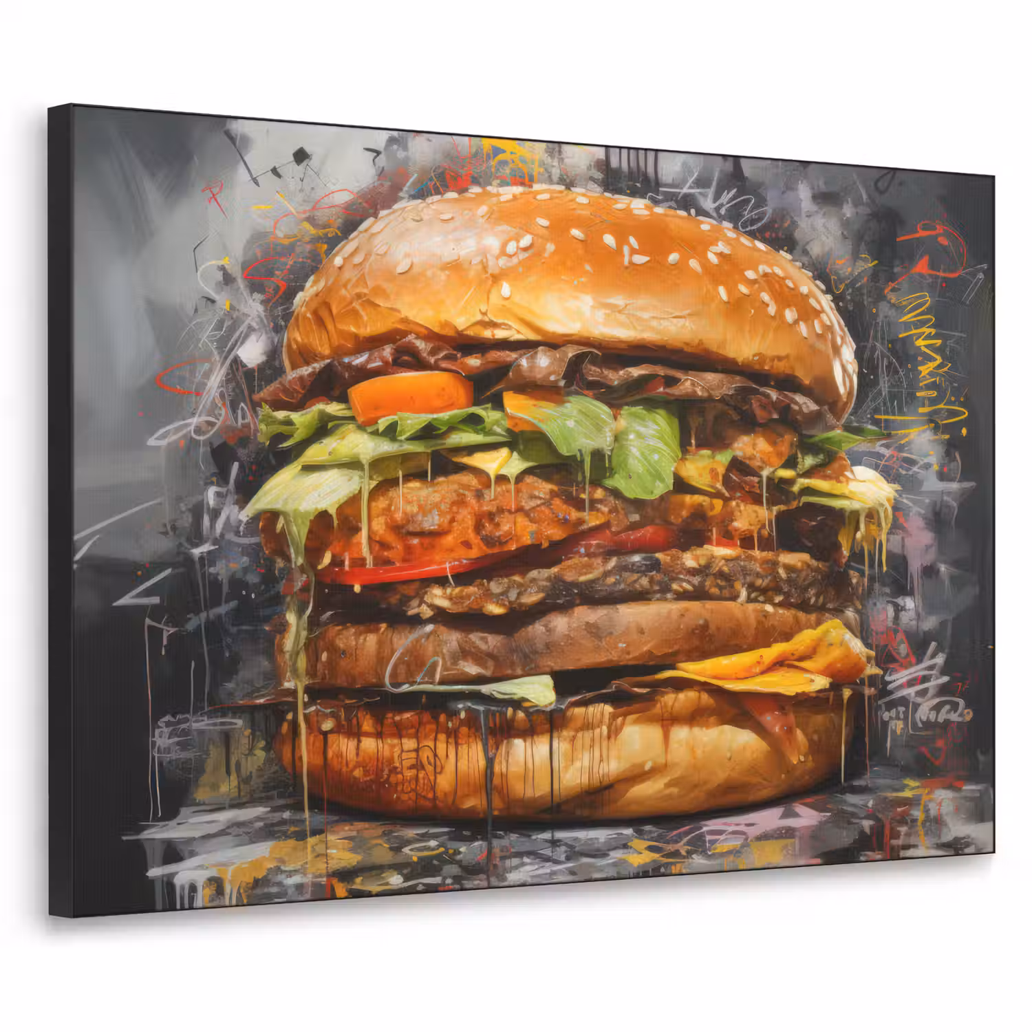 Burger - Eten - Kunst - Grijs - Graffiti Textielframe zwart klein -3d