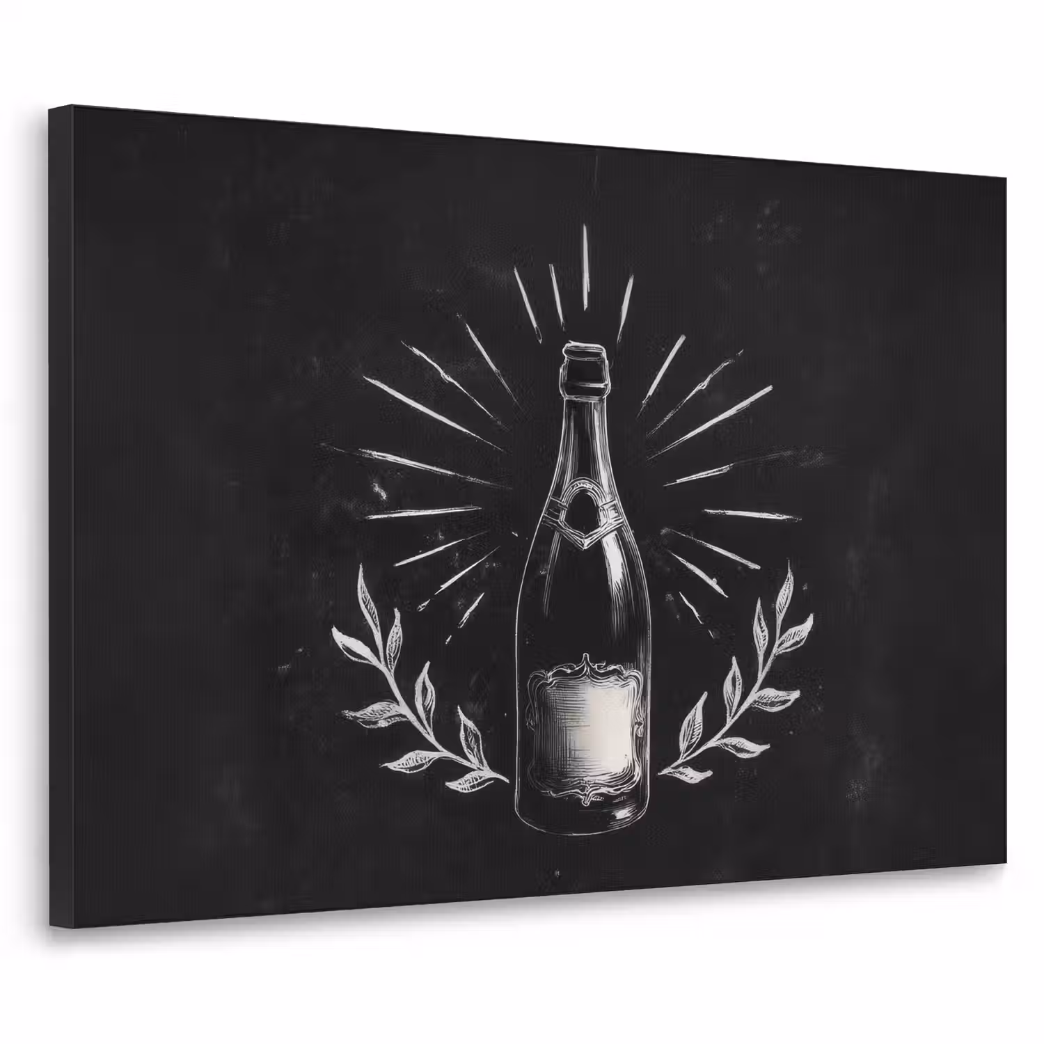 Champagnefles - Lauriertakken - Zwarte achtergrond Textielframe - compleet frame klein -3d