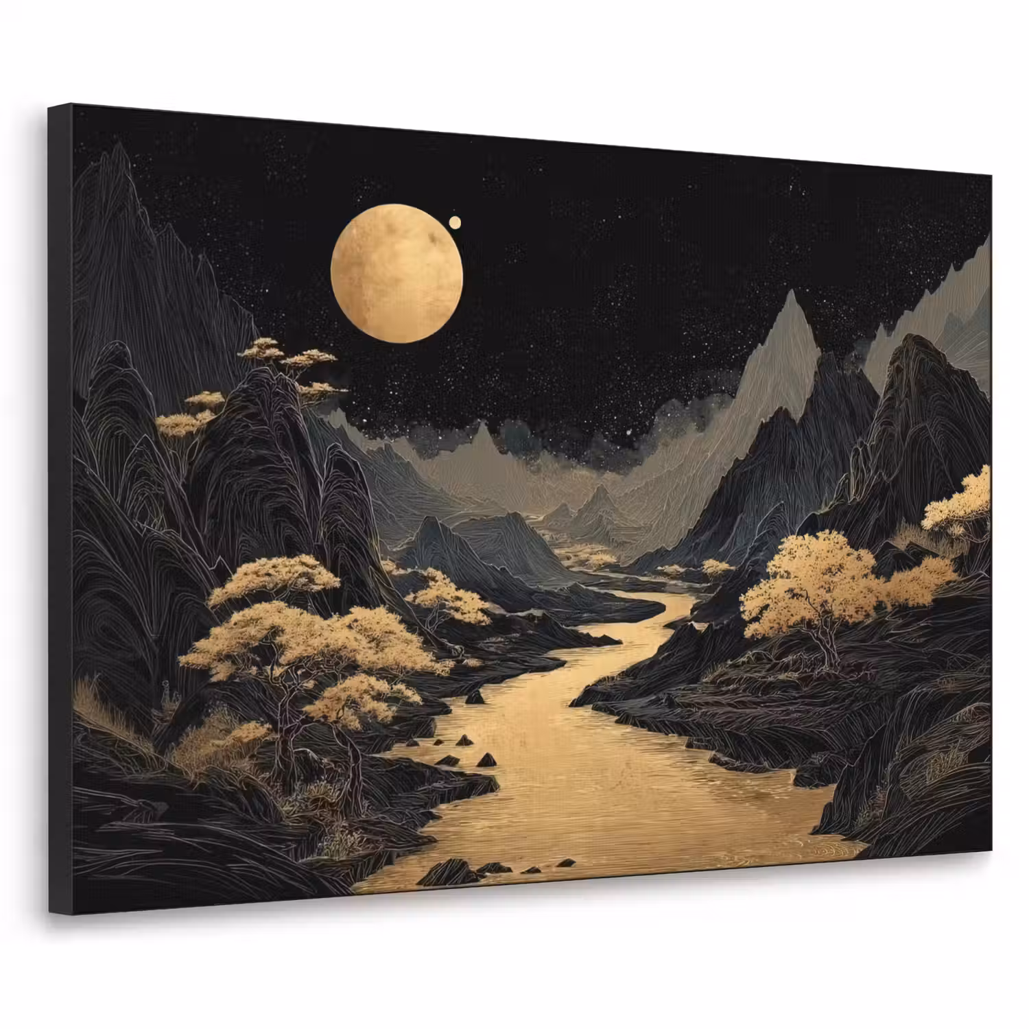Gouden rivier - Bergen - Maan - Sterrenhemel Textielframe - compleet frame klein -3d